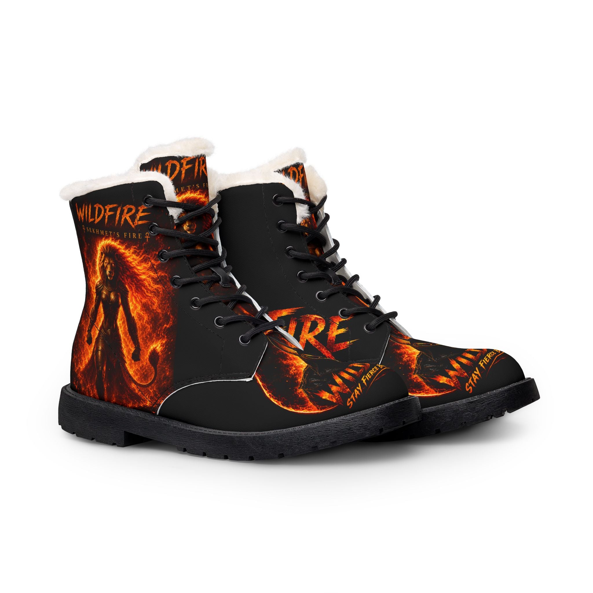Women's Fur-Lined Leather Boots — 'Wildfire' Sekhmet Graphic