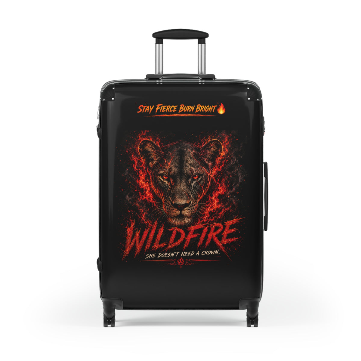 Wildfire Lioness Carry-On Suitcase – 'Stay Fierce Burn Bright' Travel Luggage