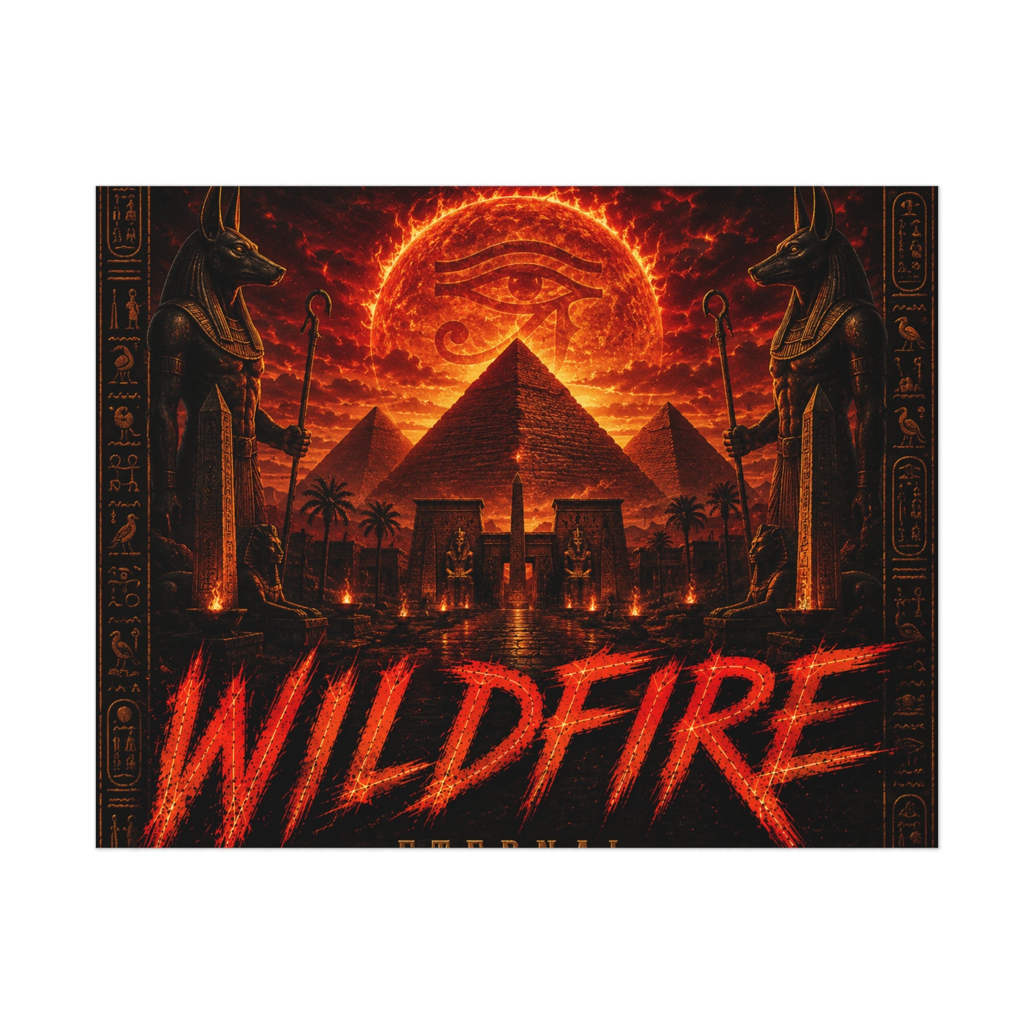 Wildfire Poster — Fiery Anubis Illustration with 'Stay Fierce Burn Bright'