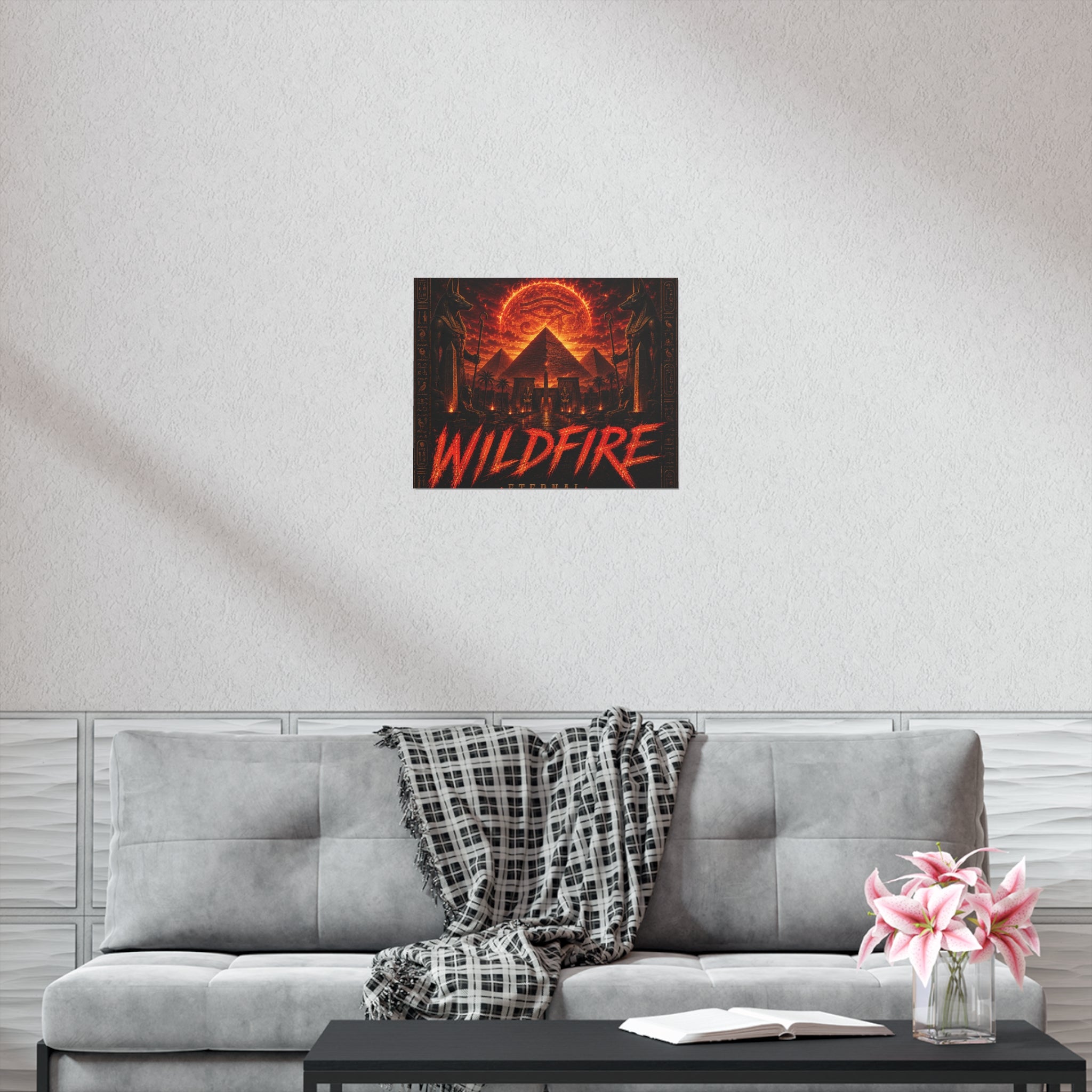 Wildfire Poster — Fiery Anubis Illustration with 'Stay Fierce Burn Bright'