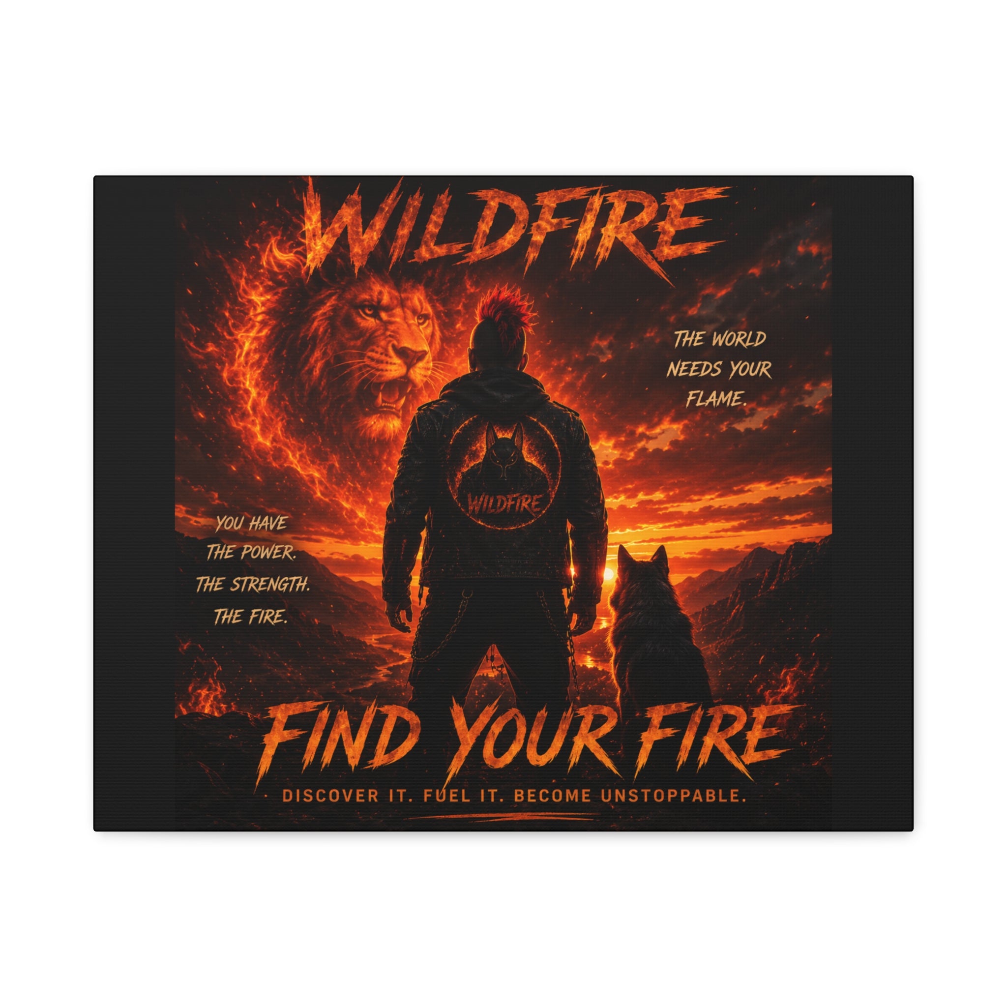 Wildfire 'Find Your Fire' Matte Canvas Wall Art — Inspirational Lion & Silhouette Scene
