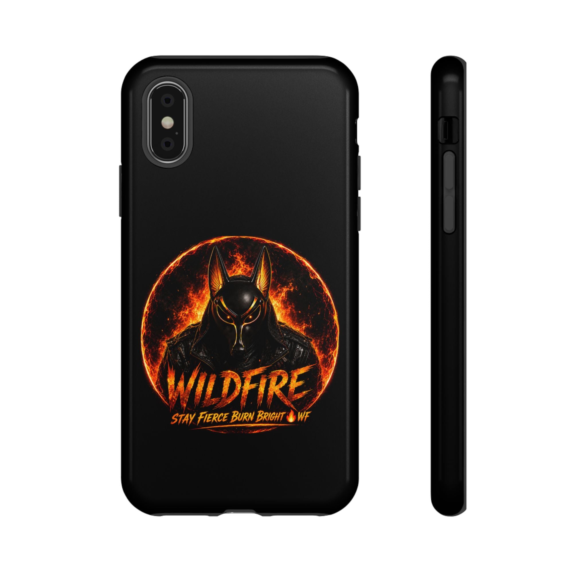 Wildfire Phone Case — Fierce Flaming Anubis Design, "Stay Fierce Burn Bright"