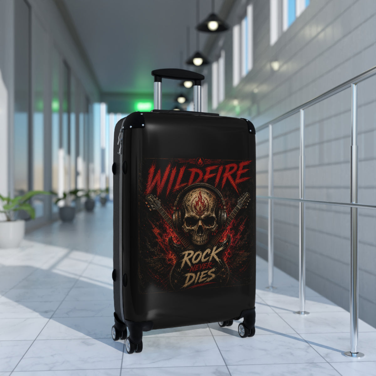 Wildfire 'Rock Never Dies' Skull Suitcase - Hard Shell Rolling Luggage for Rock Fans