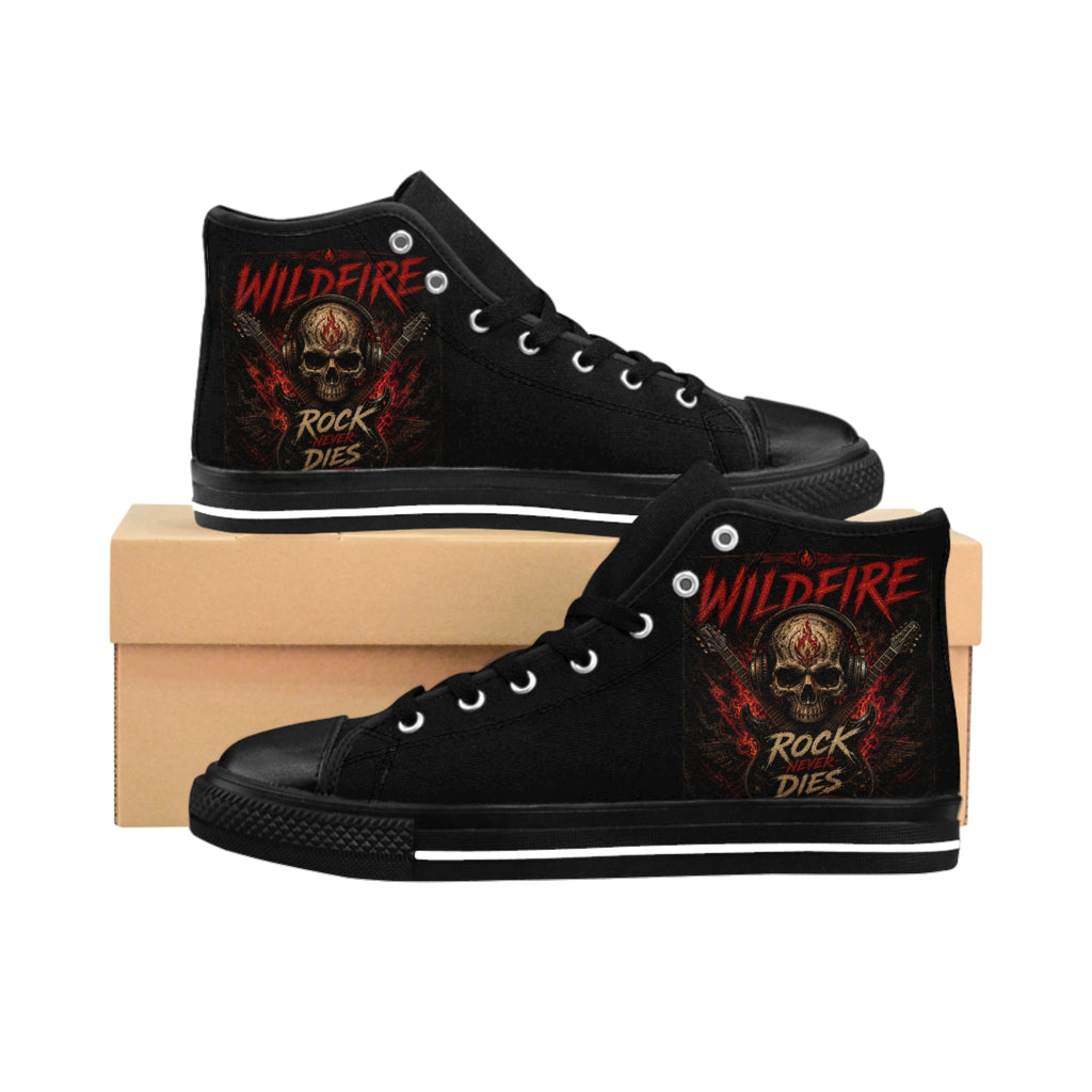 Wildfire Skull High-Top Sneakers — 'Rock Dies' Gothic Men's Canvas Shoes
