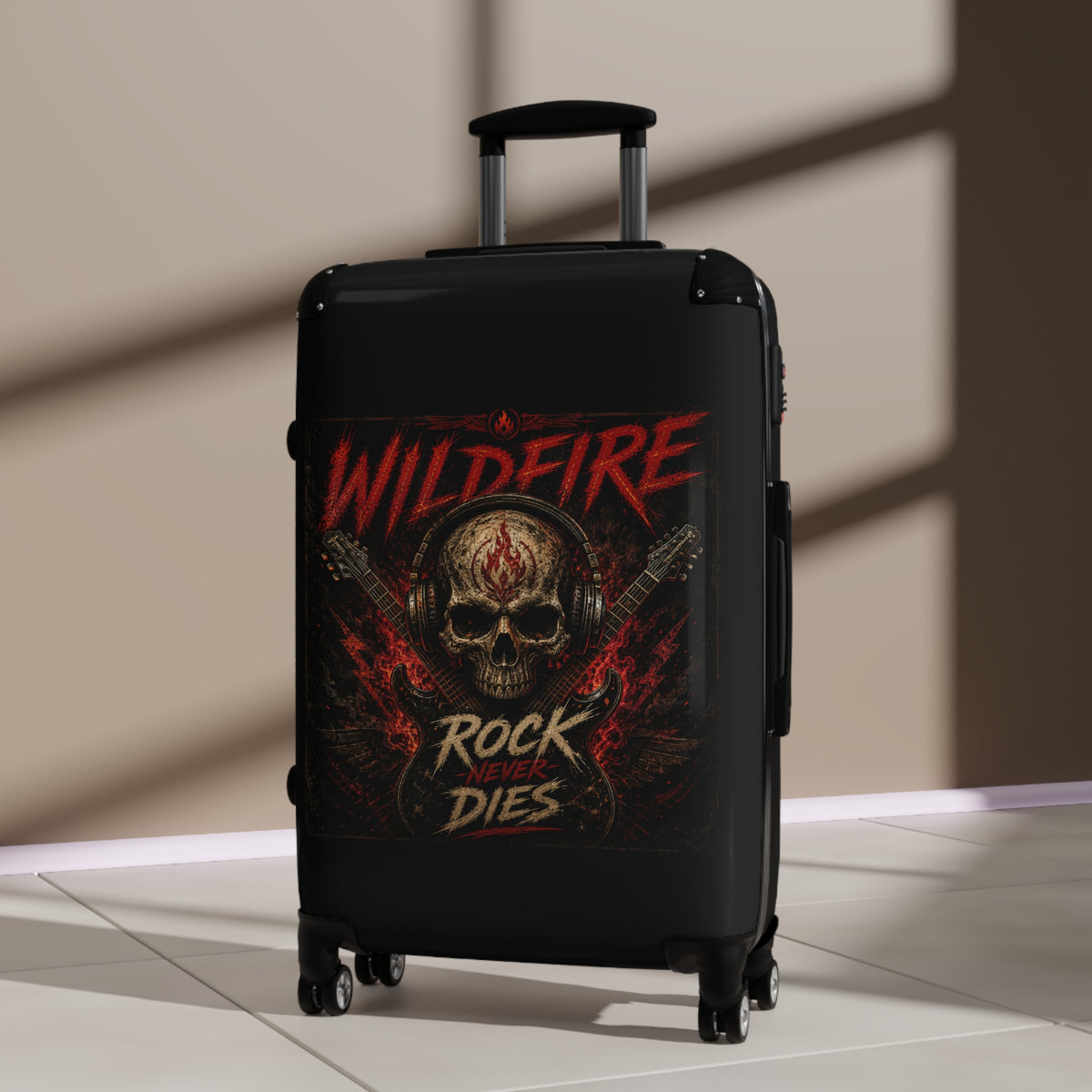 Wildfire 'Rock Never Dies' Skull Suitcase - Hard Shell Rolling Luggage for Rock Fans