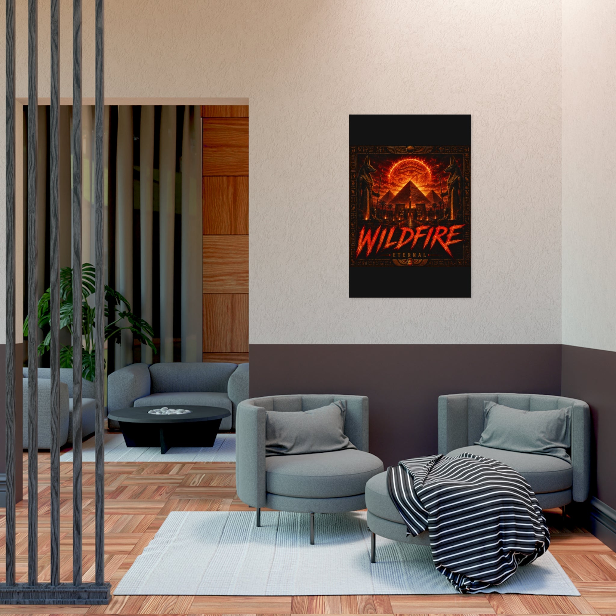 Wildfire Poster — Fiery Anubis Illustration with 'Stay Fierce Burn Bright'