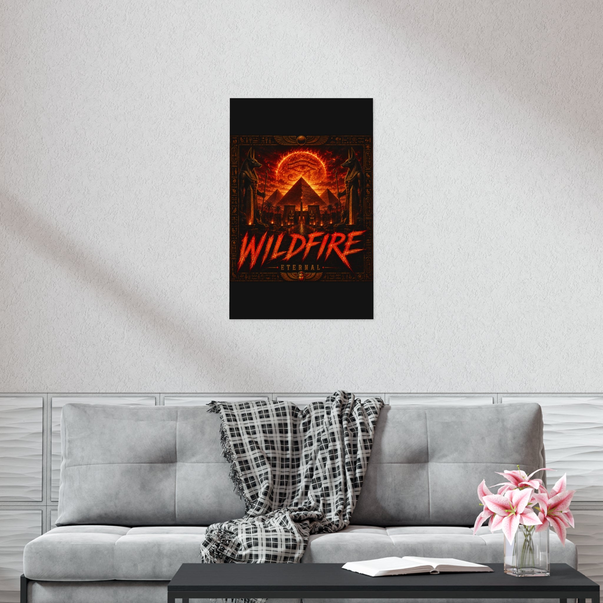 Wildfire Poster — Fiery Anubis Illustration with 'Stay Fierce Burn Bright'