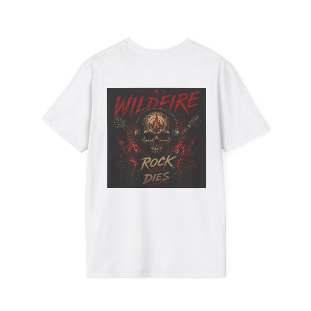 Wildfire Rock Never Dies Graphic T-Shirt — Retro Flame Logo Tee