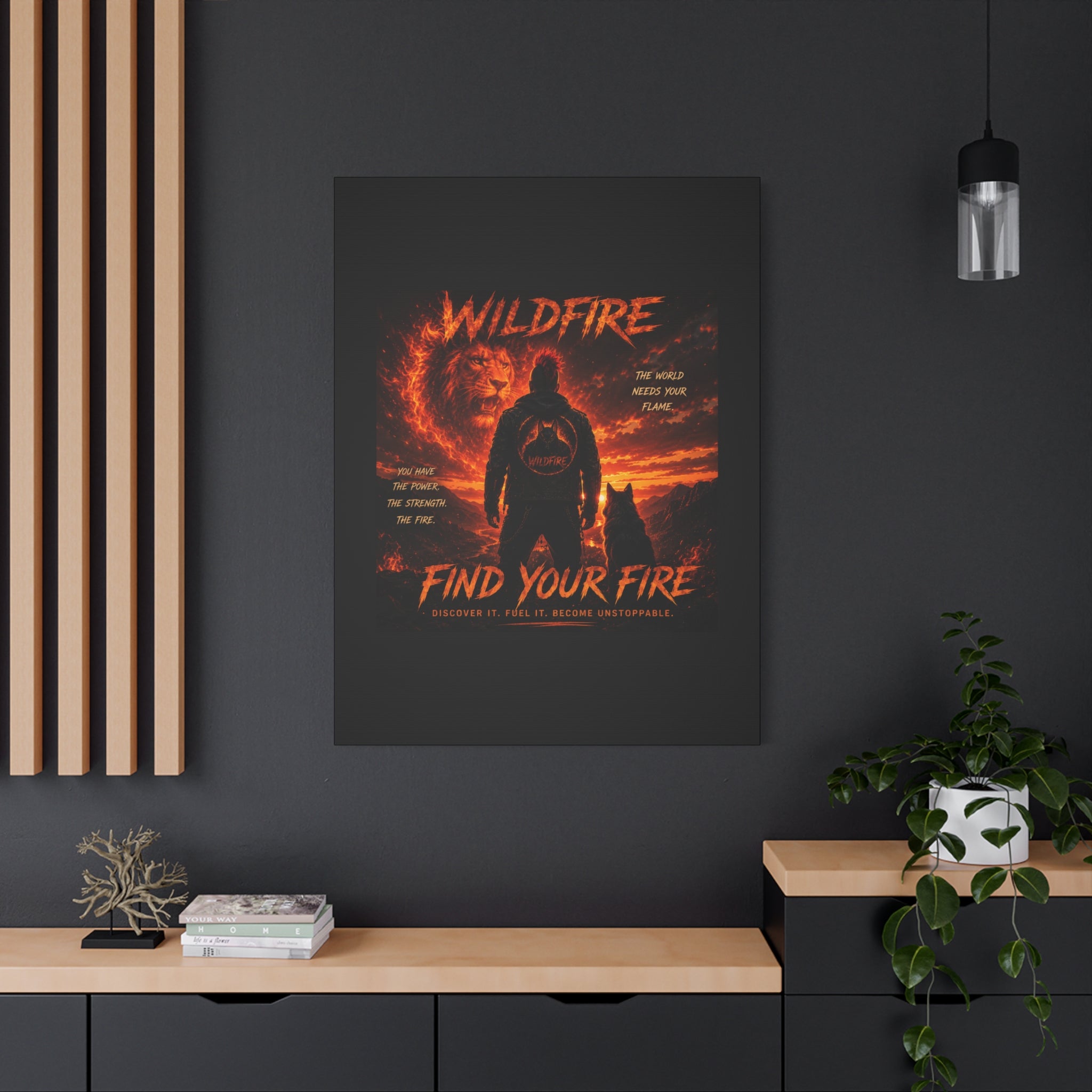 Wildfire 'Find Your Fire' Matte Canvas Wall Art — Inspirational Lion & Silhouette Scene