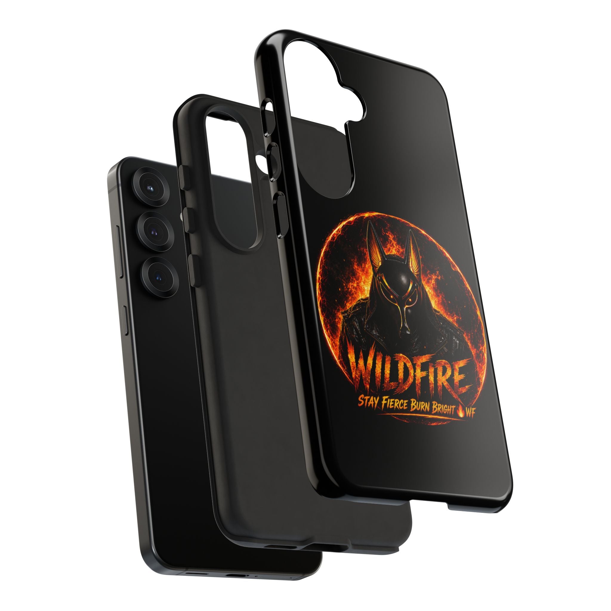 Wildfire Phone Case — Fierce Flaming Anubis Design, "Stay Fierce Burn Bright"