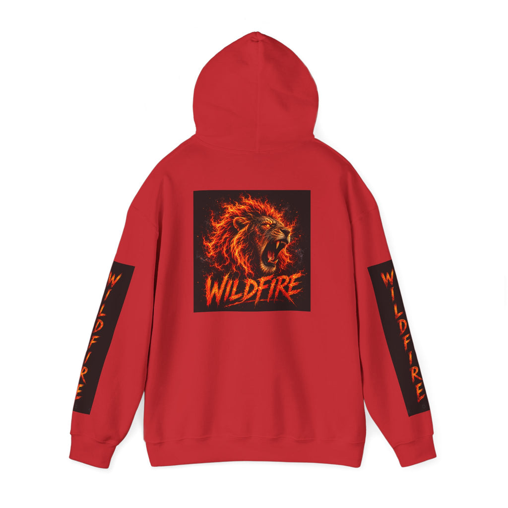 Wildfire Roaring Lion Graphic Hoodie — Fiery Elemental Back Art & Sleeve Text