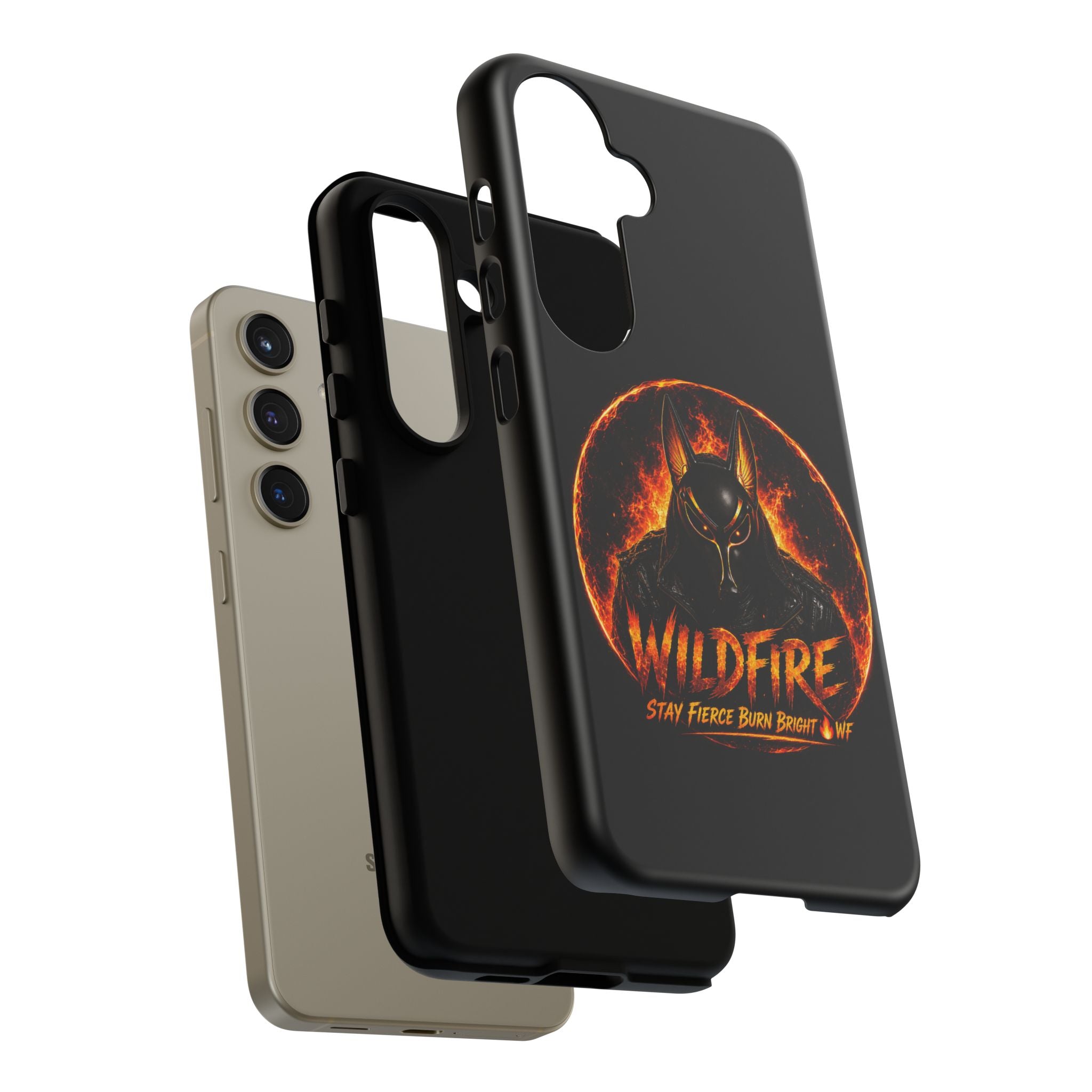 Wildfire Phone Case — Fierce Flaming Anubis Design, "Stay Fierce Burn Bright"