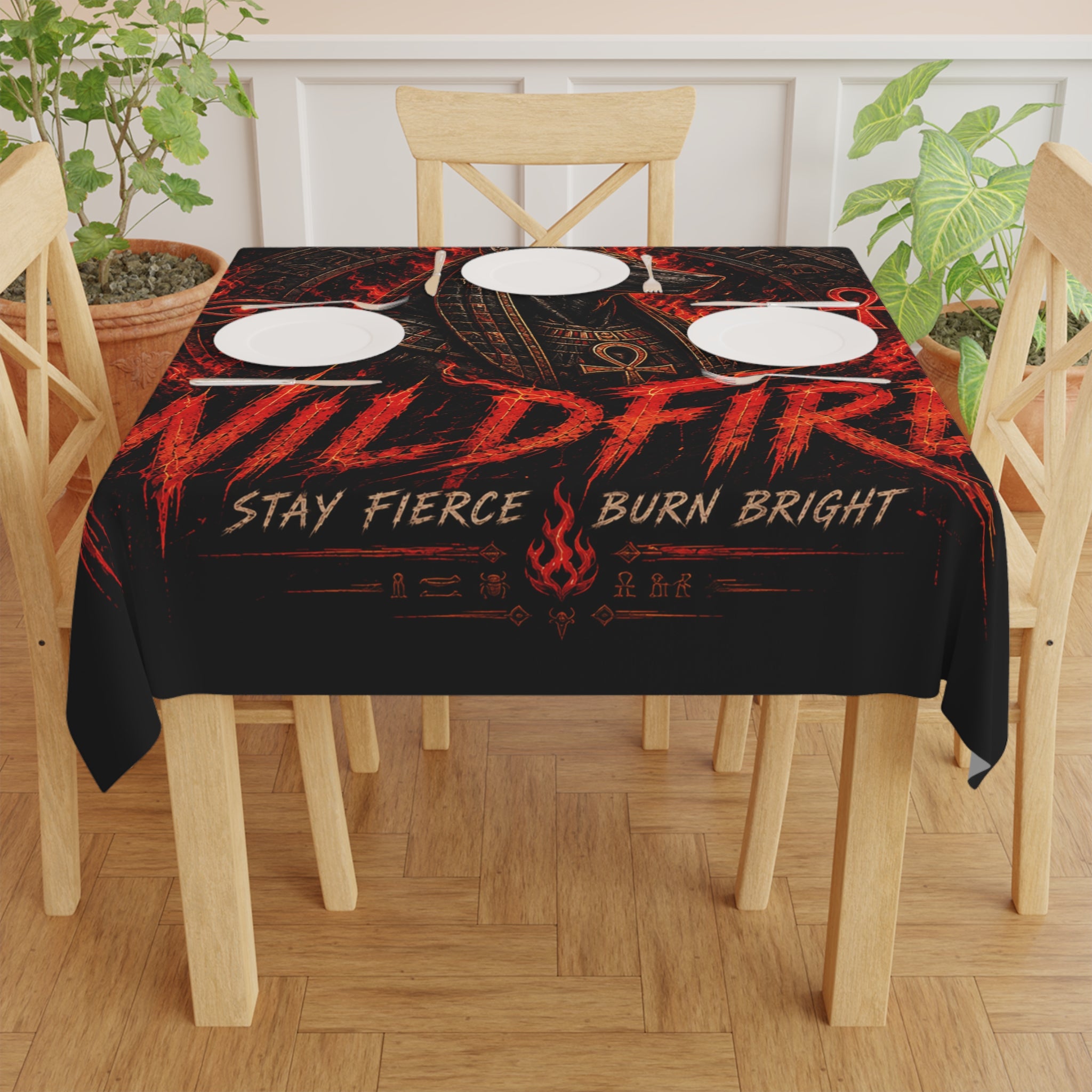 Wildfire Tablecloth — Fiery Anubis Design "Stay Fierce Burn Bright"