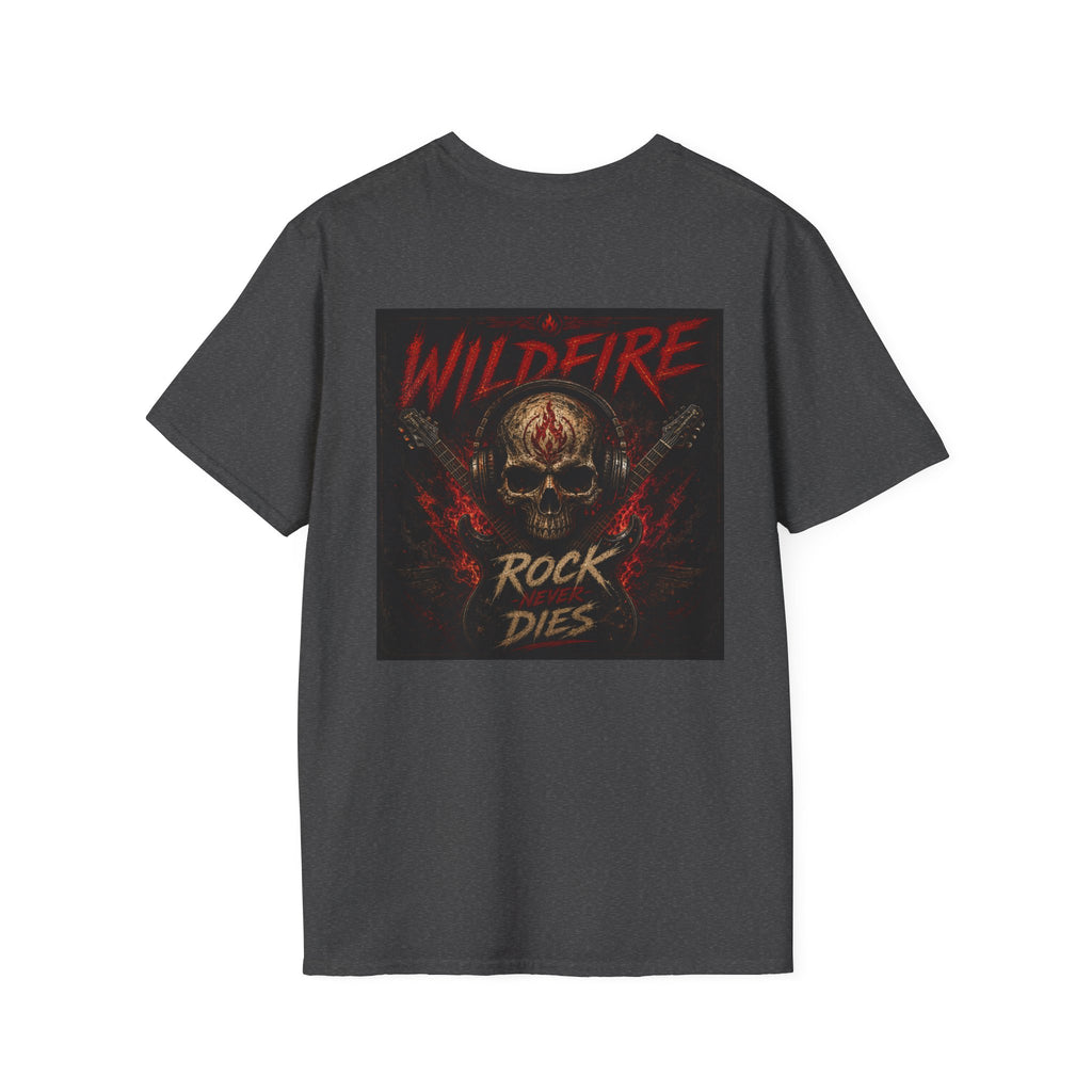 Wildfire Rock Never Dies Graphic T-Shirt — Retro Flame Logo Tee