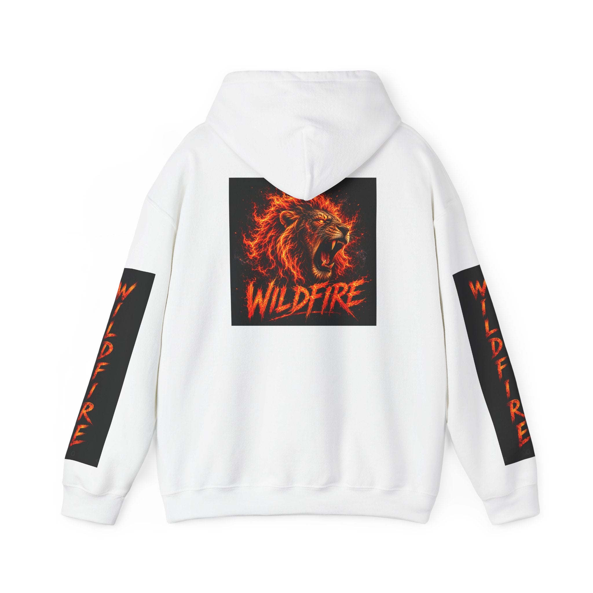Wildfire Roaring Lion Graphic Hoodie — Fiery Elemental Back Art & Sleeve Text