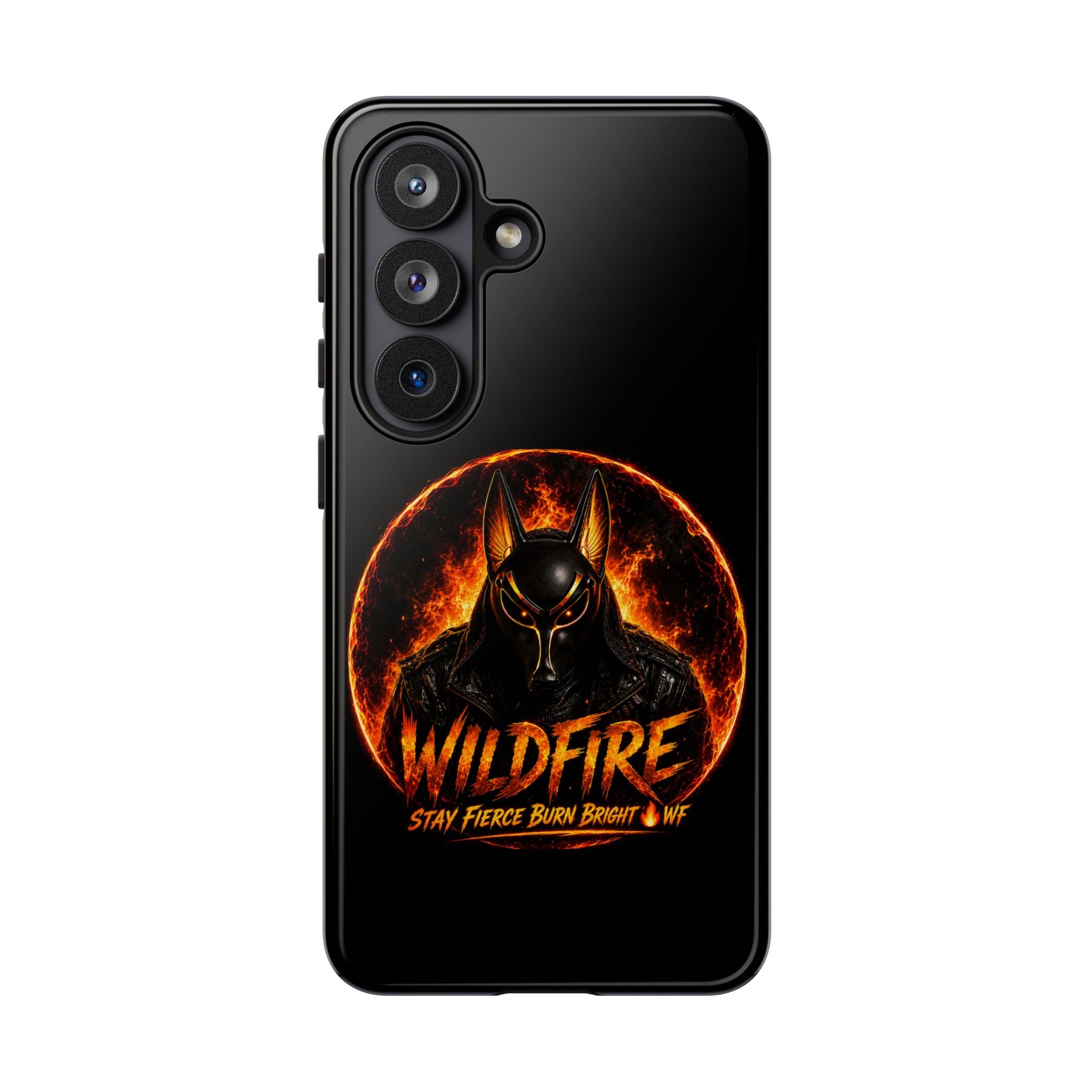 Wildfire Phone Case — Fierce Flaming Anubis Design, "Stay Fierce Burn Bright"