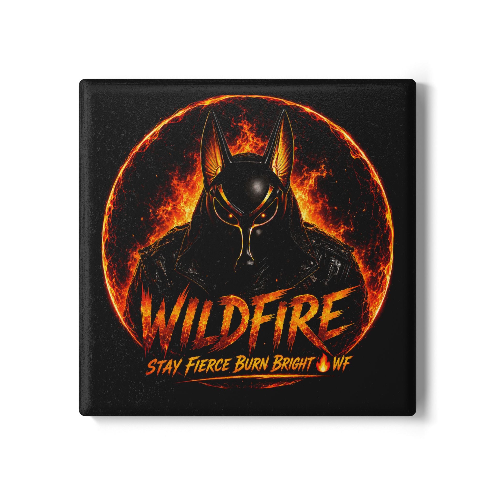 Wildfire Ceramic Coaster — Fiery Anubis Design, "Stay Fierce Burn Bright"