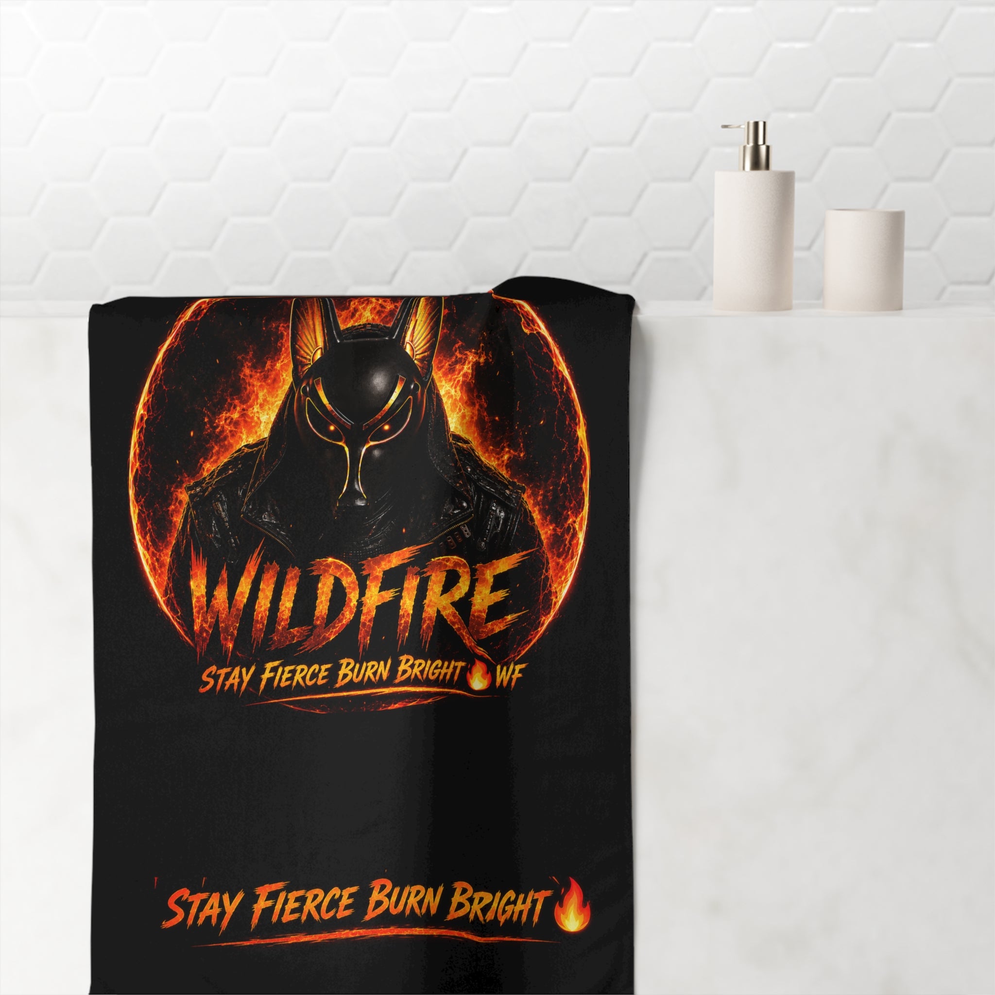 Wildfire Anubis Towel — "Stay Fierce Burn Bright" Design