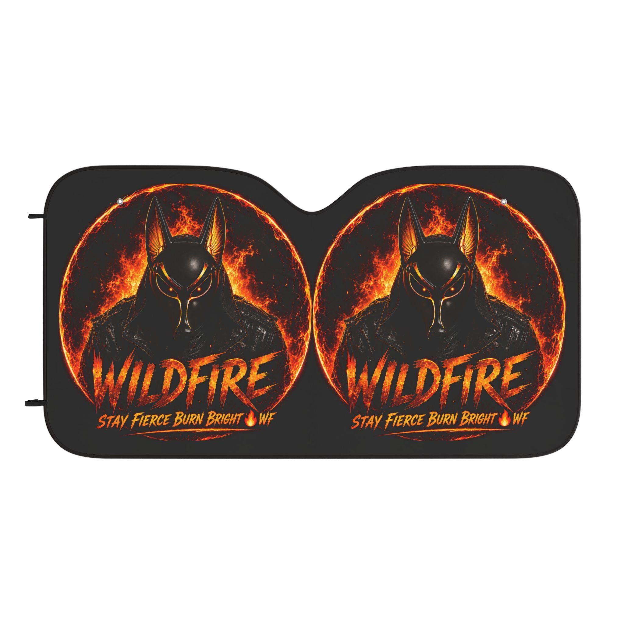 Wildfire Car Sun Shade — Flaming Anubis Design, "Stay Fierce Burn Bright" UV Protector