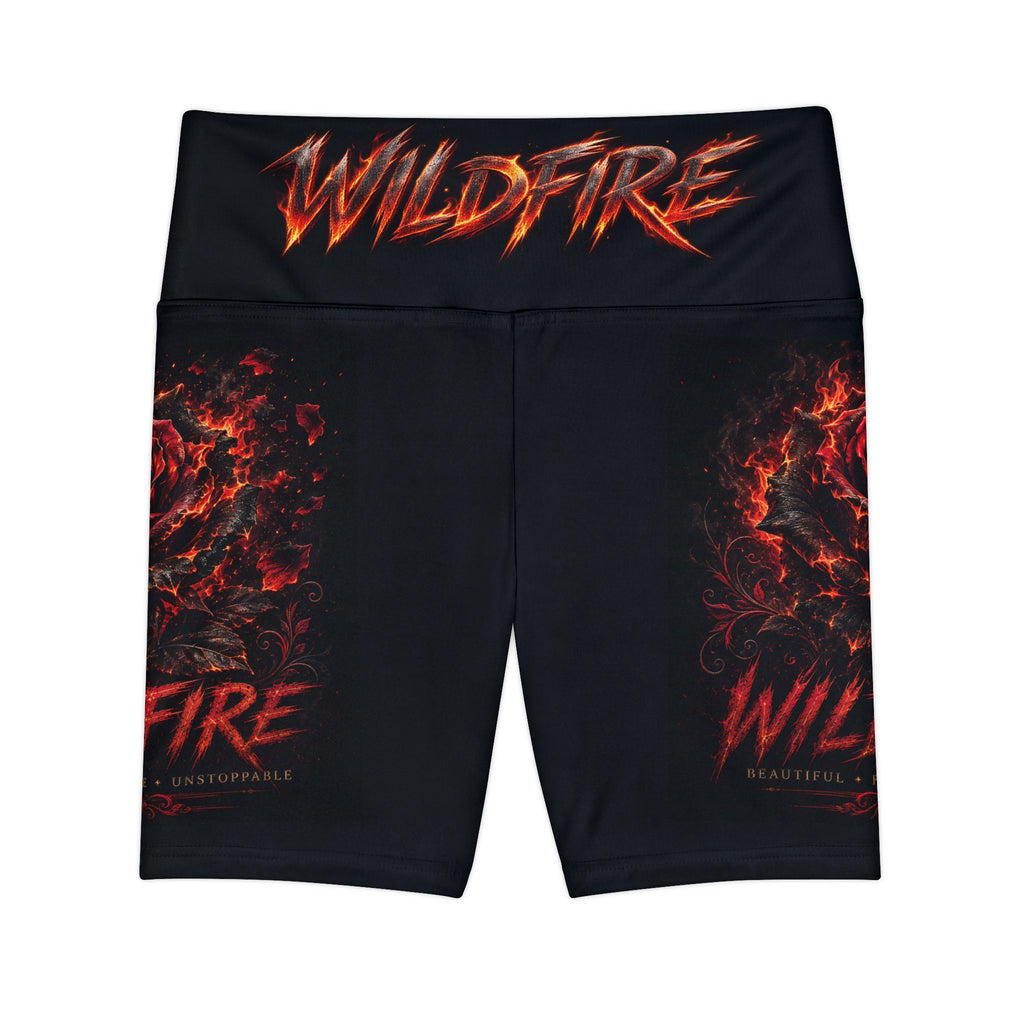 Wildfire Flaming Rose Logo Workout Shorts — "WILDFIRE" High-Waist Fitness Shorts