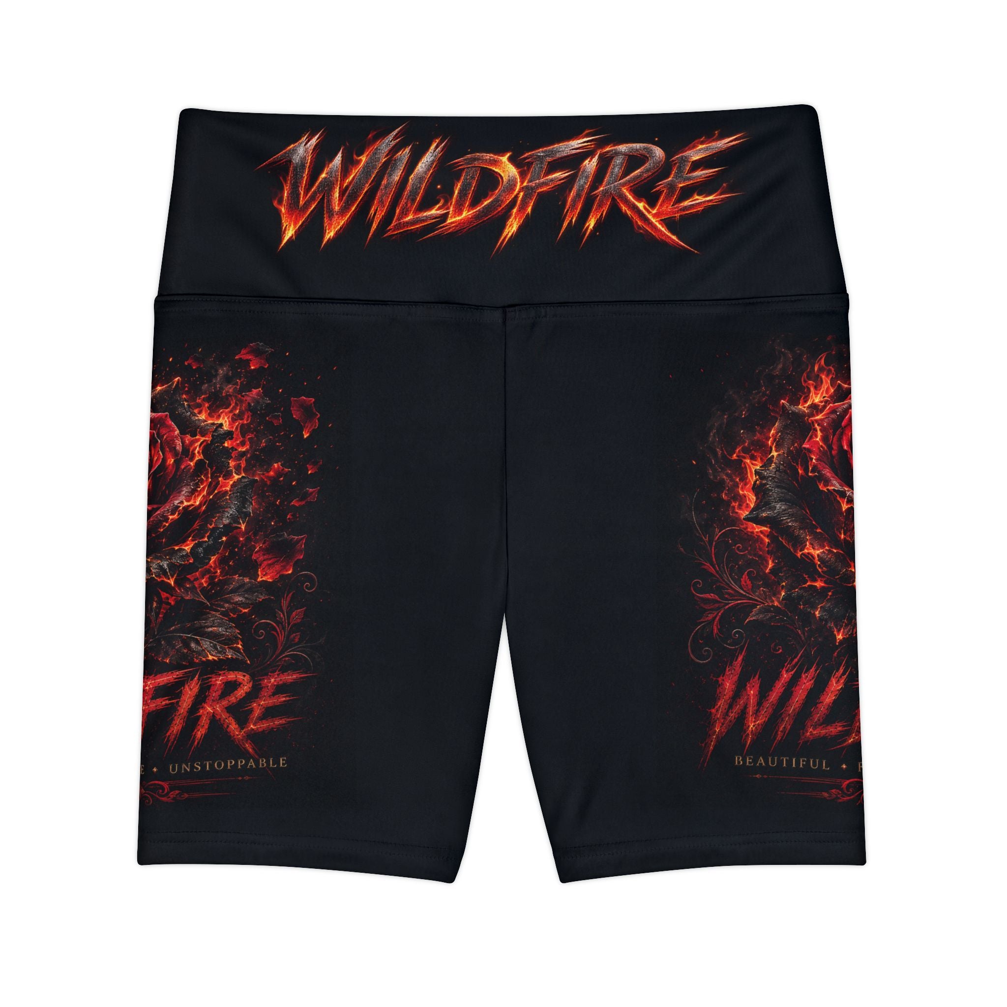 Wildfire Flaming Rose Logo Workout Shorts — "WILDFIRE" High-Waist Fitness Shorts