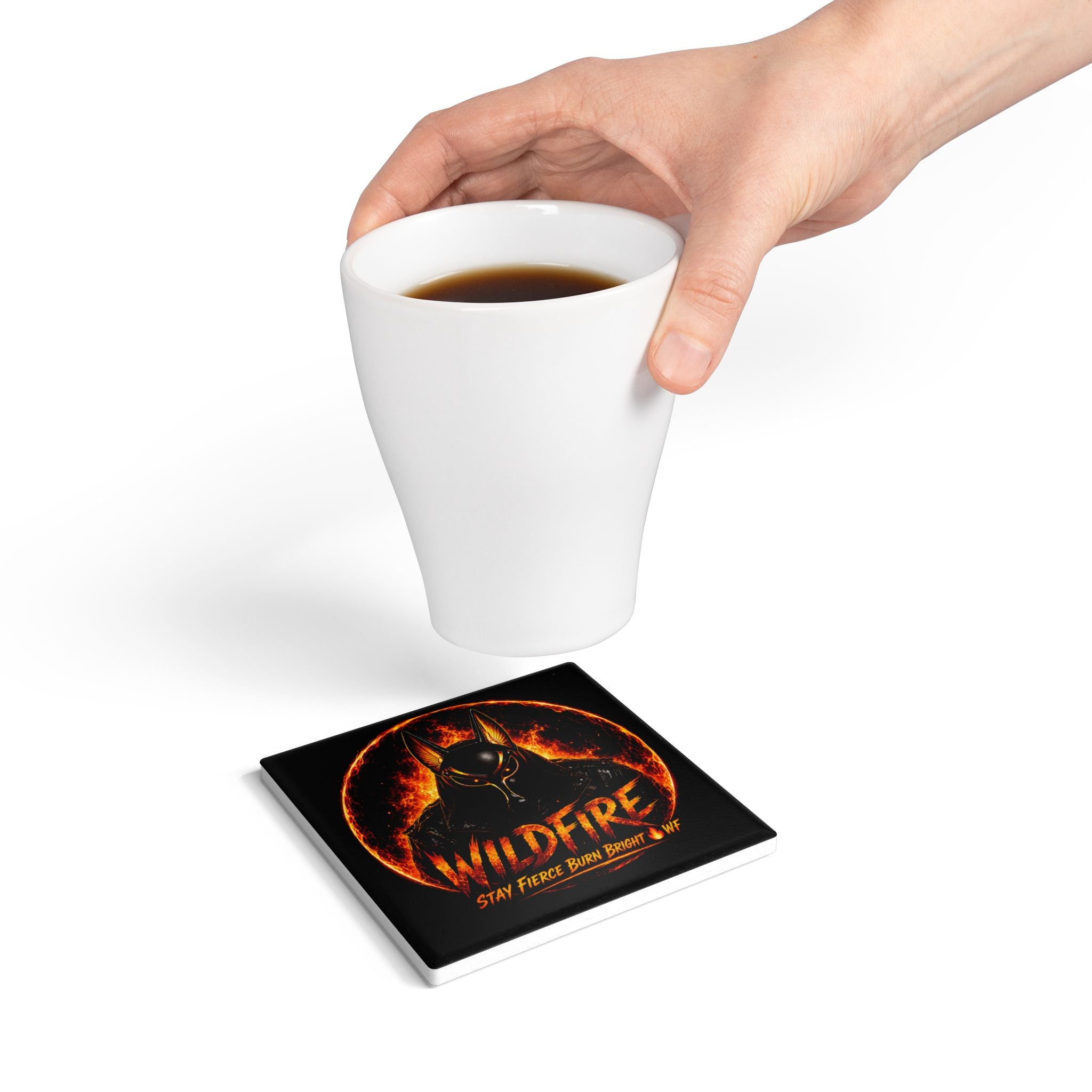 Wildfire Ceramic Coaster — Fiery Anubis Design, "Stay Fierce Burn Bright"