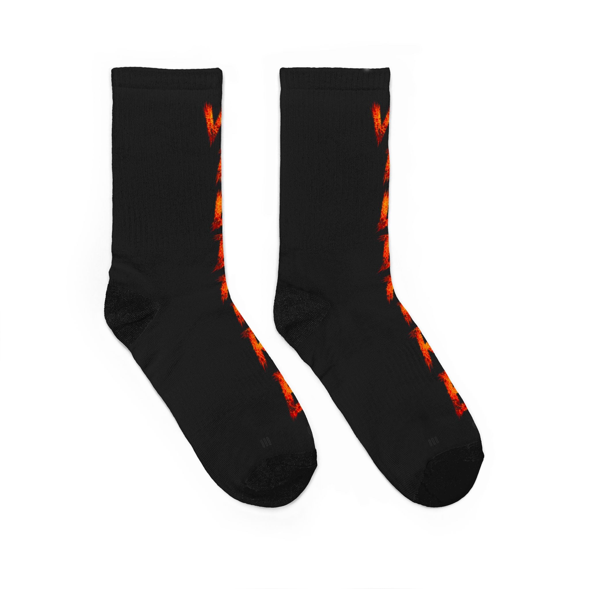 Flame Script Crew Socks — Black Fiery Text Padded Socks