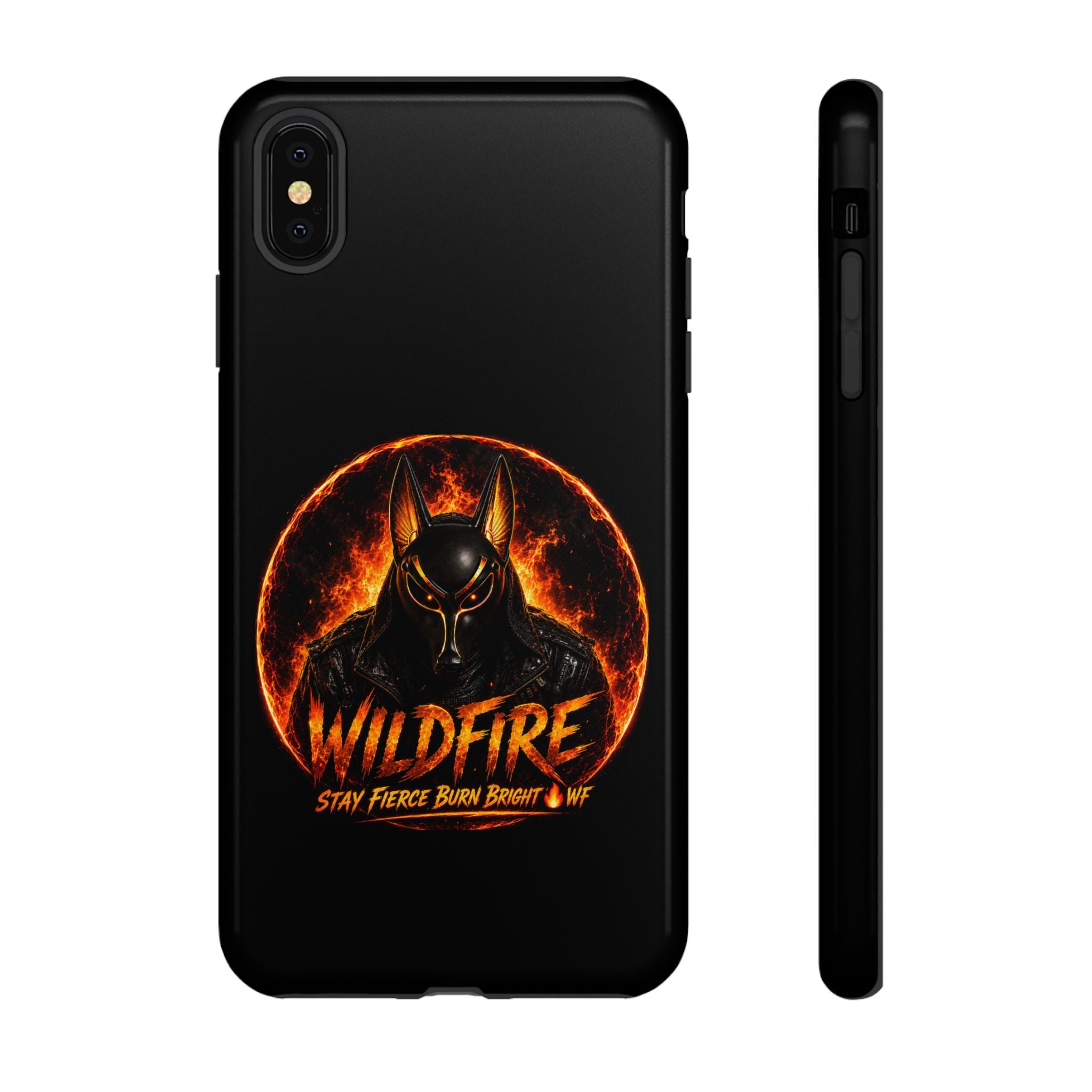 Wildfire Phone Case — Fierce Flaming Anubis Design, "Stay Fierce Burn Bright"