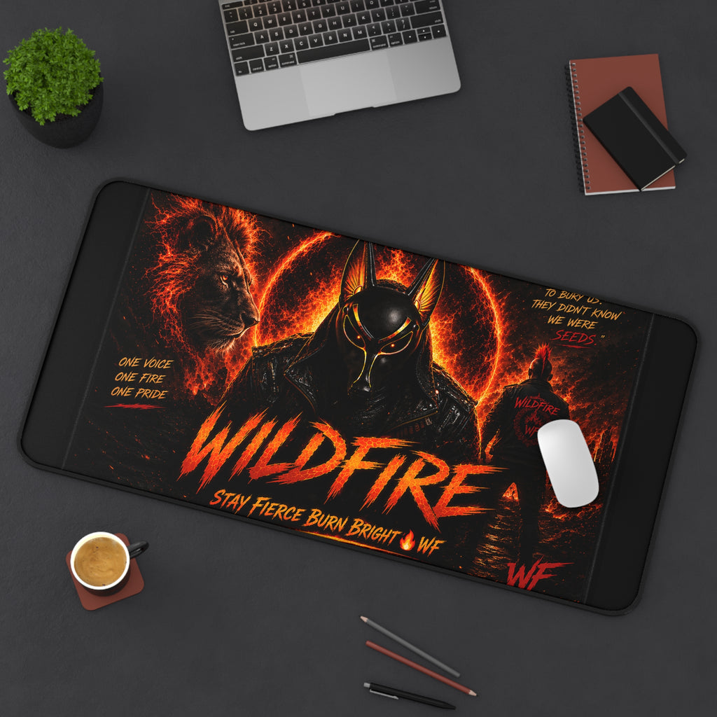 Wildfire Desk Mat — Fiery Lion & Anubis Gaming Mouse Pad ("Stay Fierce Burn Bright")