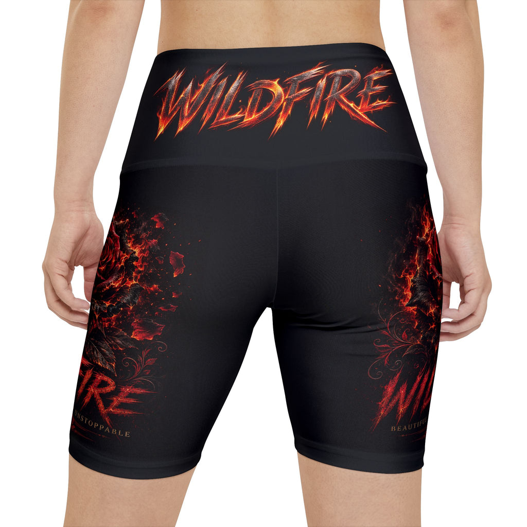 Wildfire Flaming Rose Logo Workout Shorts — "WILDFIRE" High-Waist Fitness Shorts