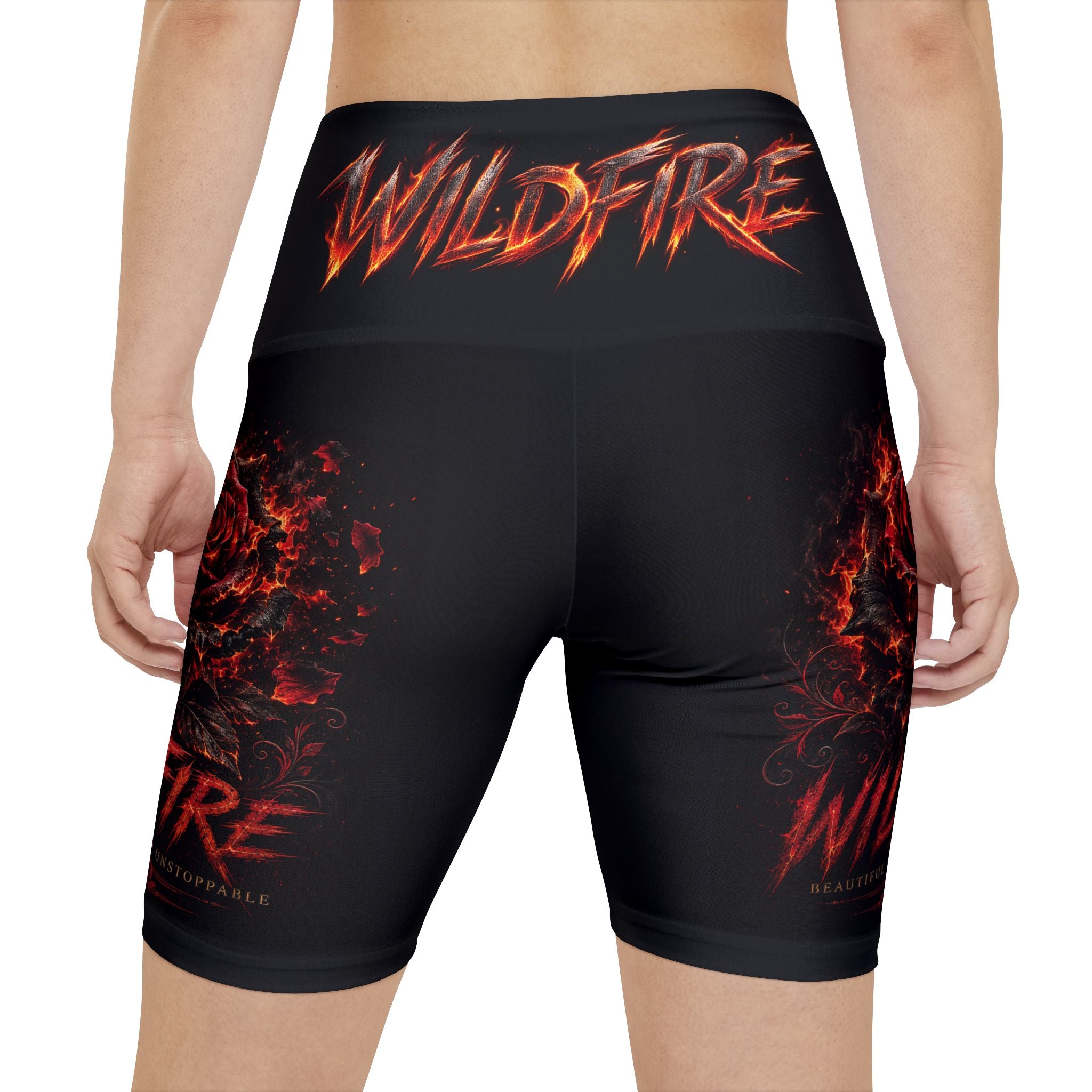 Wildfire Flaming Rose Logo Workout Shorts — "WILDFIRE" High-Waist Fitness Shorts