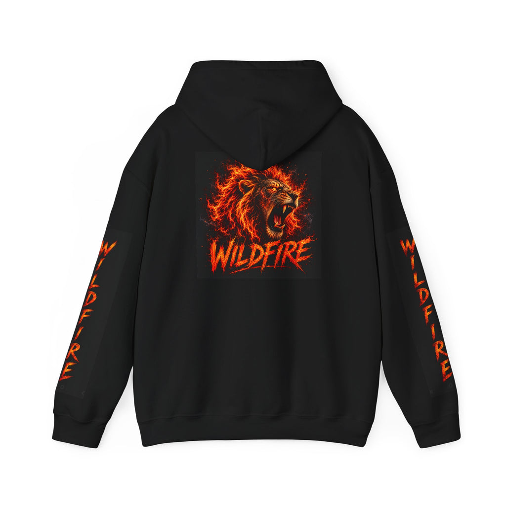 Wildfire Roaring Lion Graphic Hoodie — Fiery Elemental Back Art & Sleeve Text