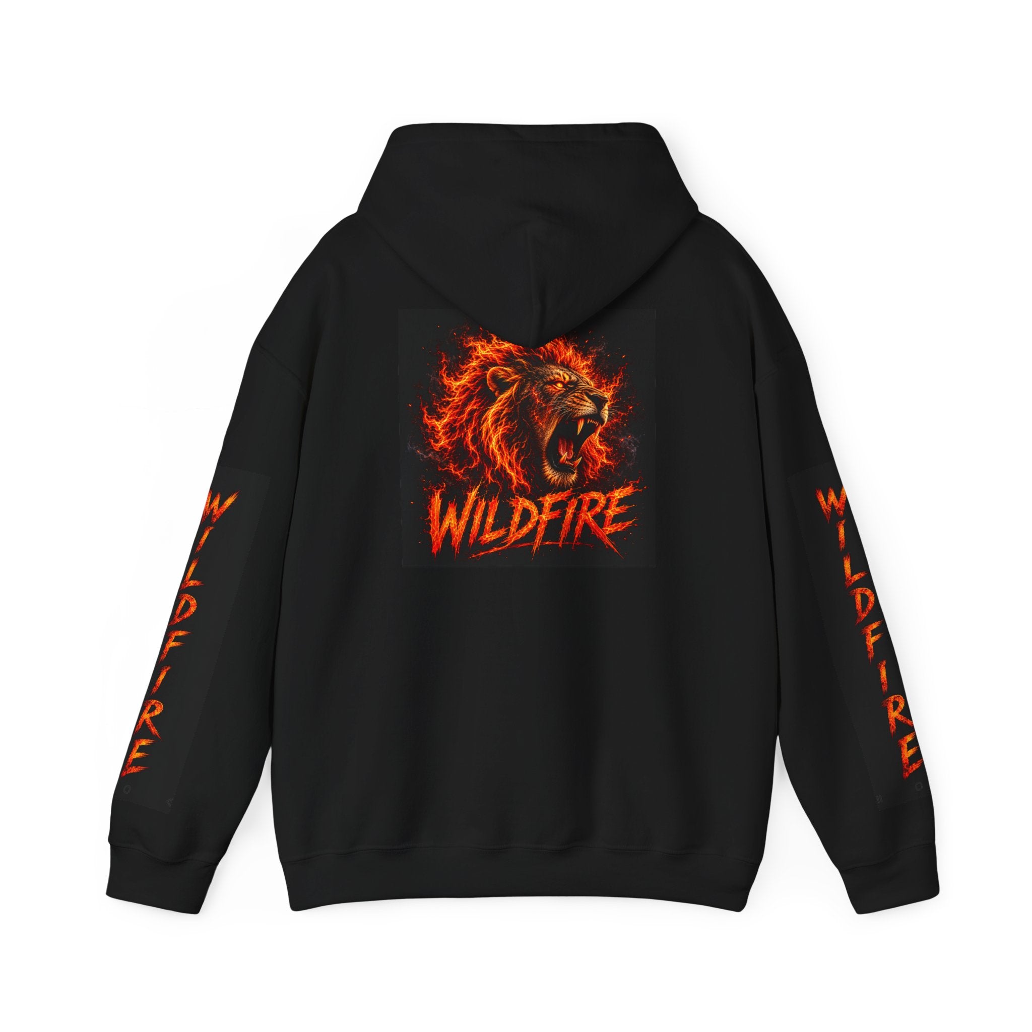 Wildfire Roaring Lion Graphic Hoodie — Fiery Elemental Back Art & Sleeve Text