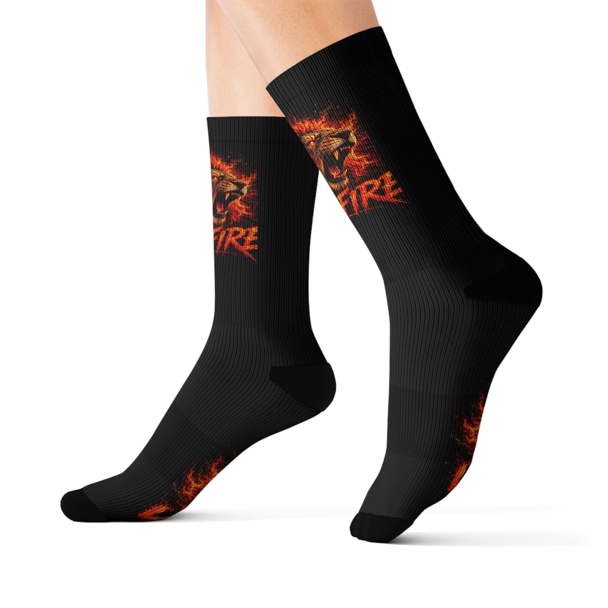 Wildfire Lion Sublimation Socks — Bold Flaming Animal Crew Socks