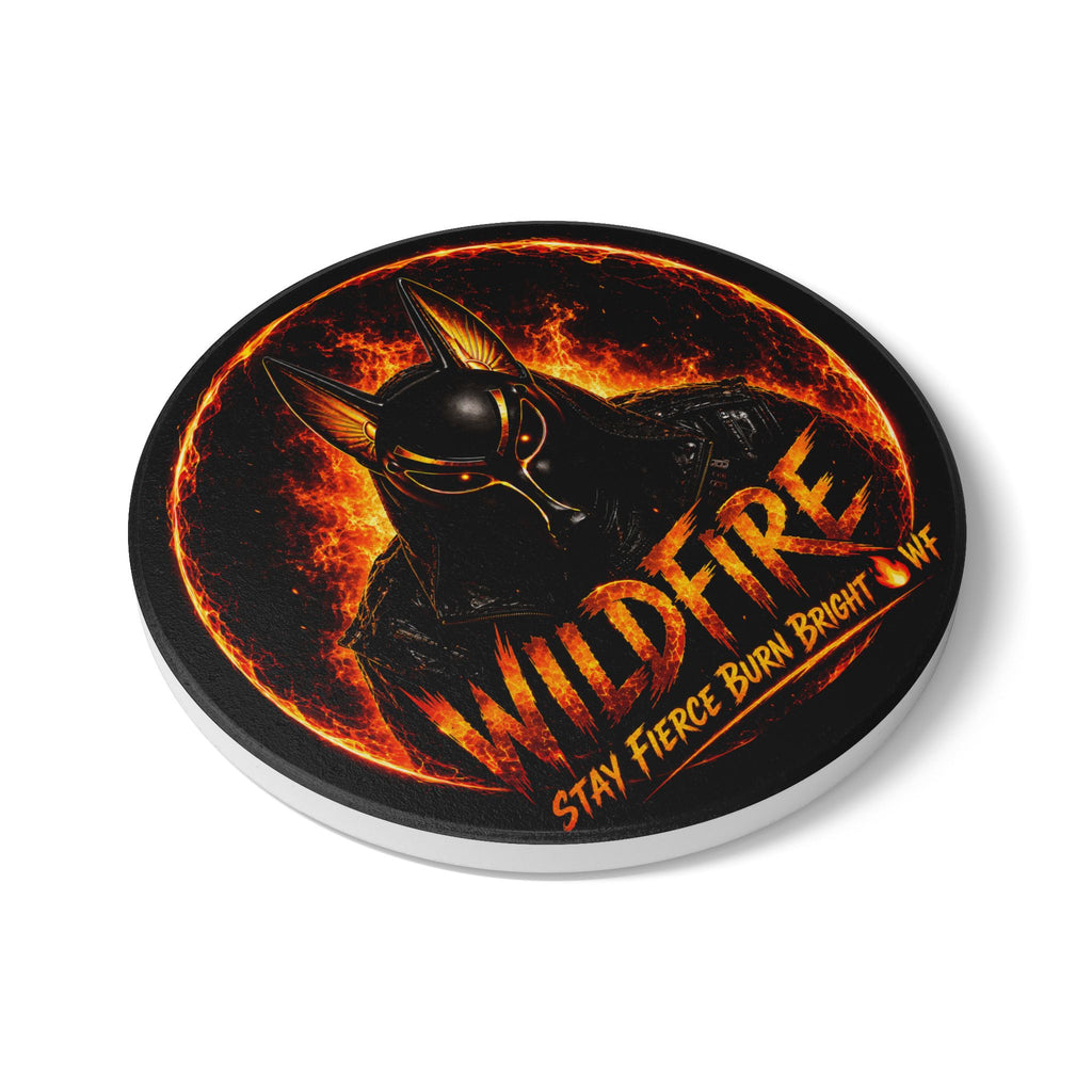 Wildfire Ceramic Coaster — Fiery Anubis Design, "Stay Fierce Burn Bright"