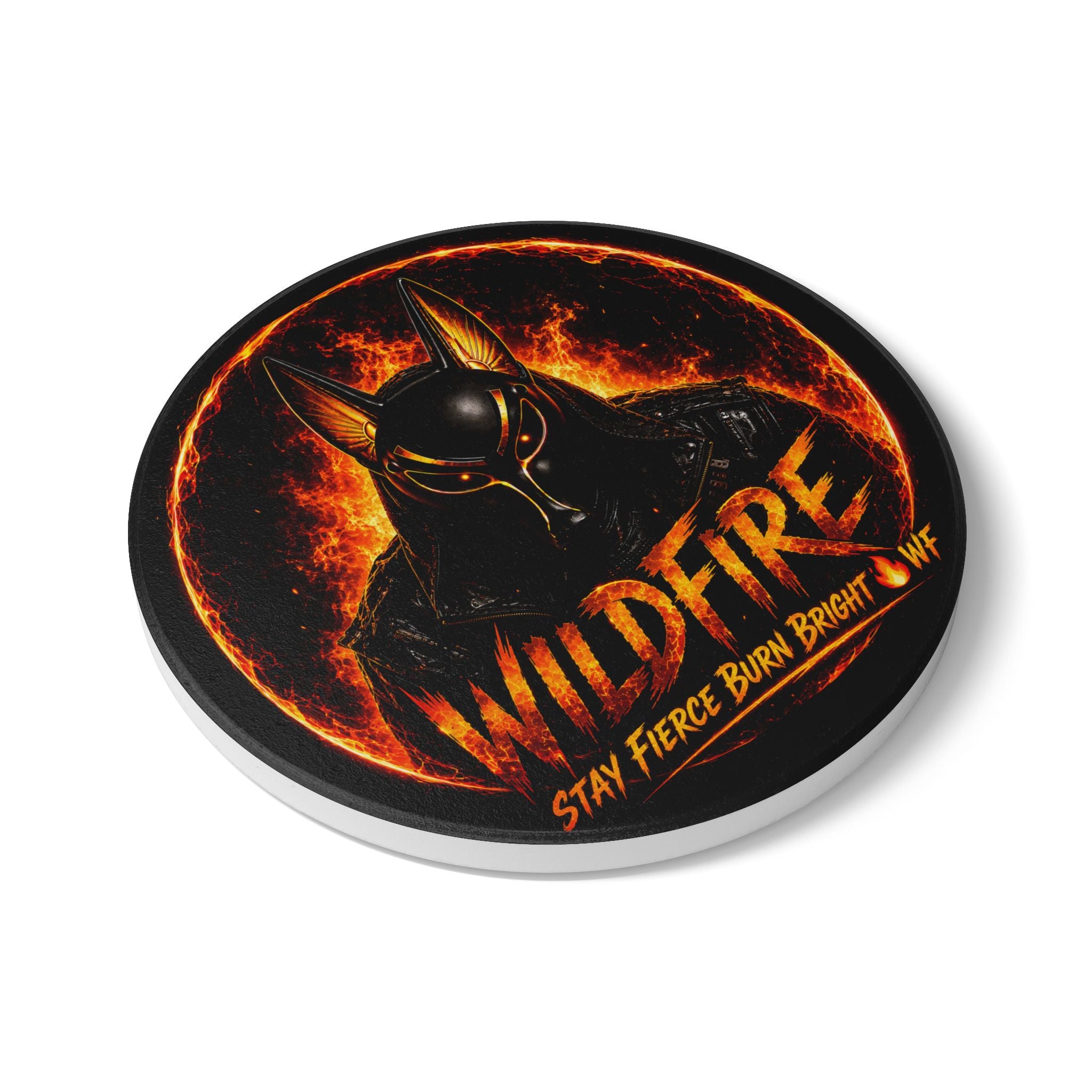 Wildfire Ceramic Coaster — Fiery Anubis Design, "Stay Fierce Burn Bright"
