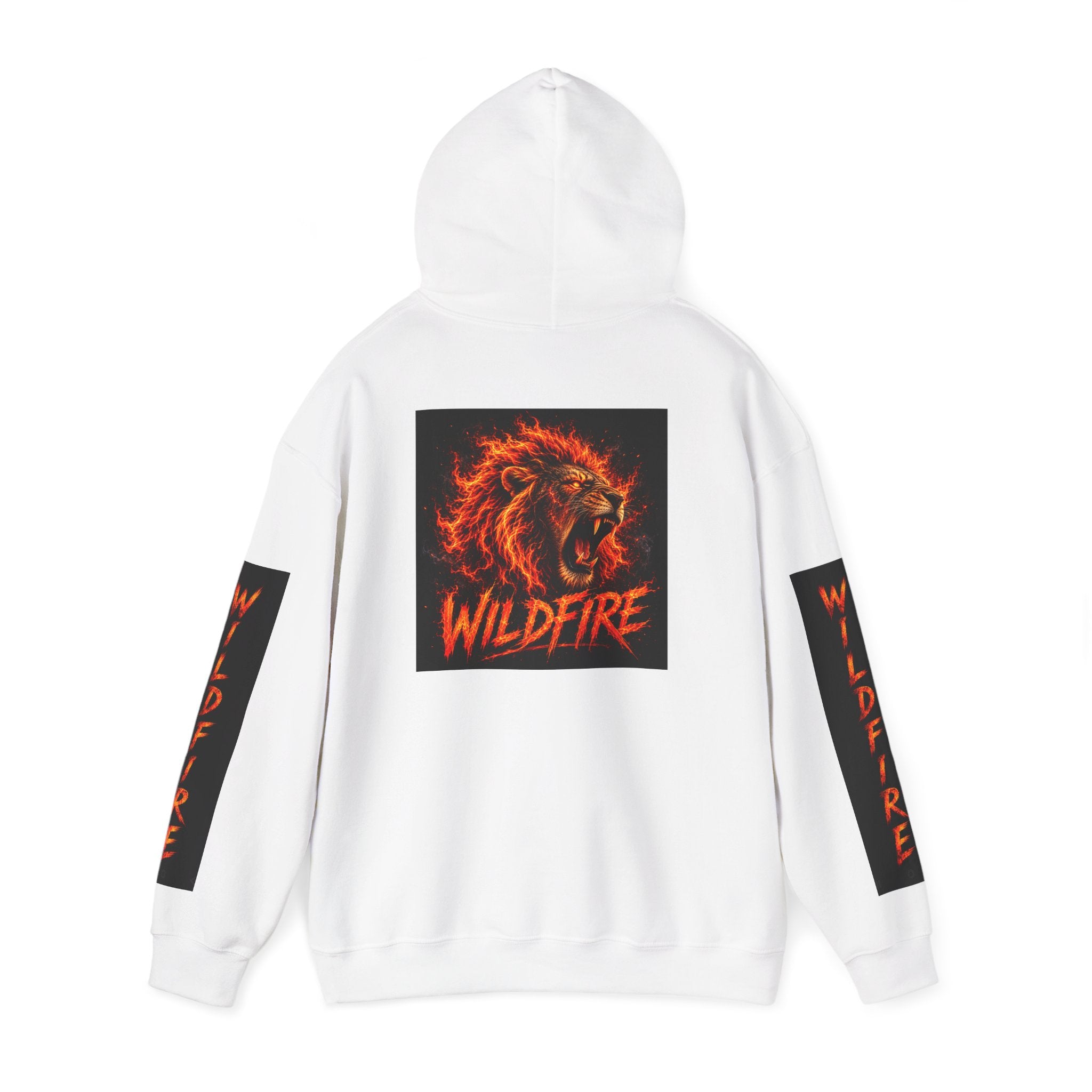 Wildfire Roaring Lion Graphic Hoodie — Fiery Elemental Back Art & Sleeve Text