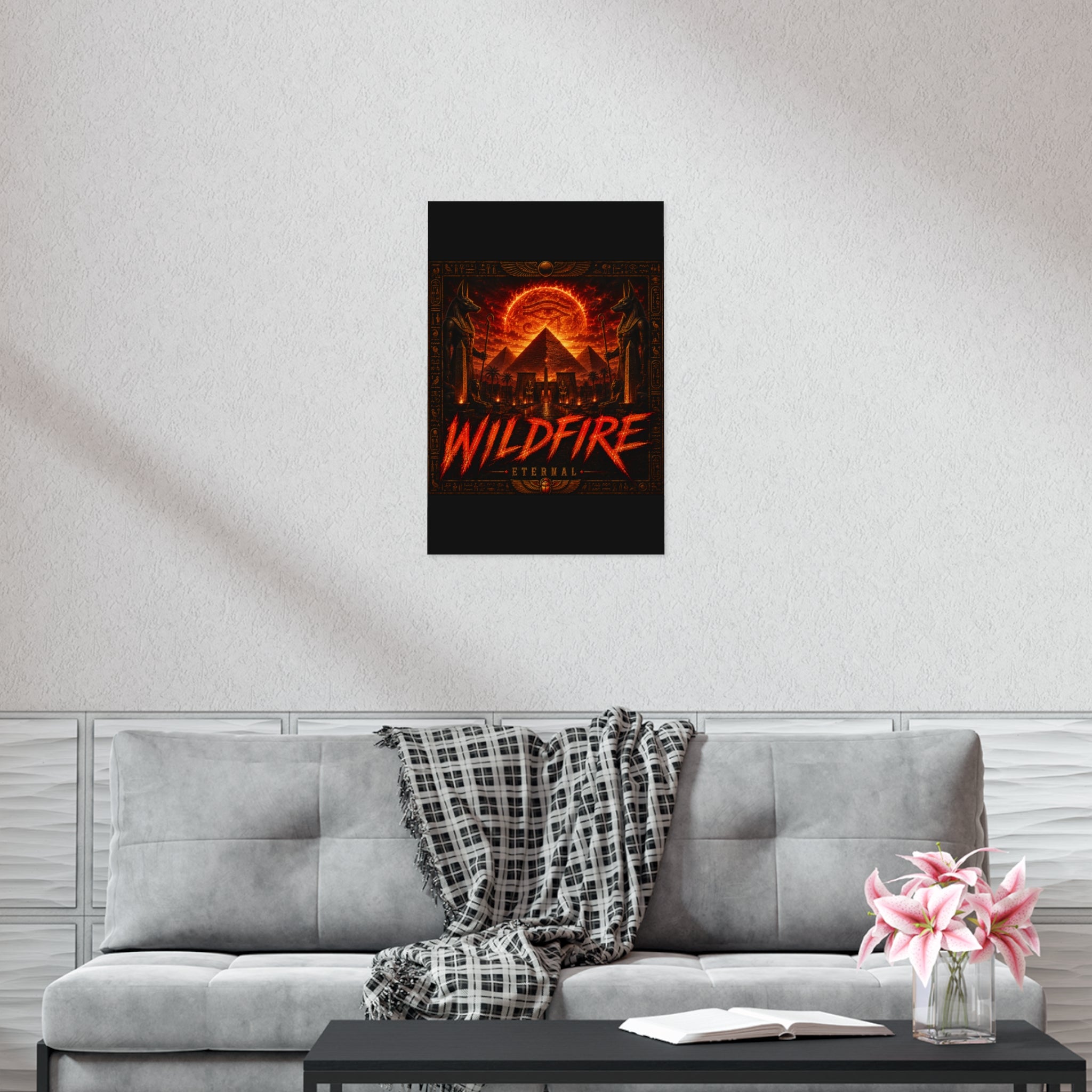 Wildfire Poster — Fiery Anubis Illustration with 'Stay Fierce Burn Bright'
