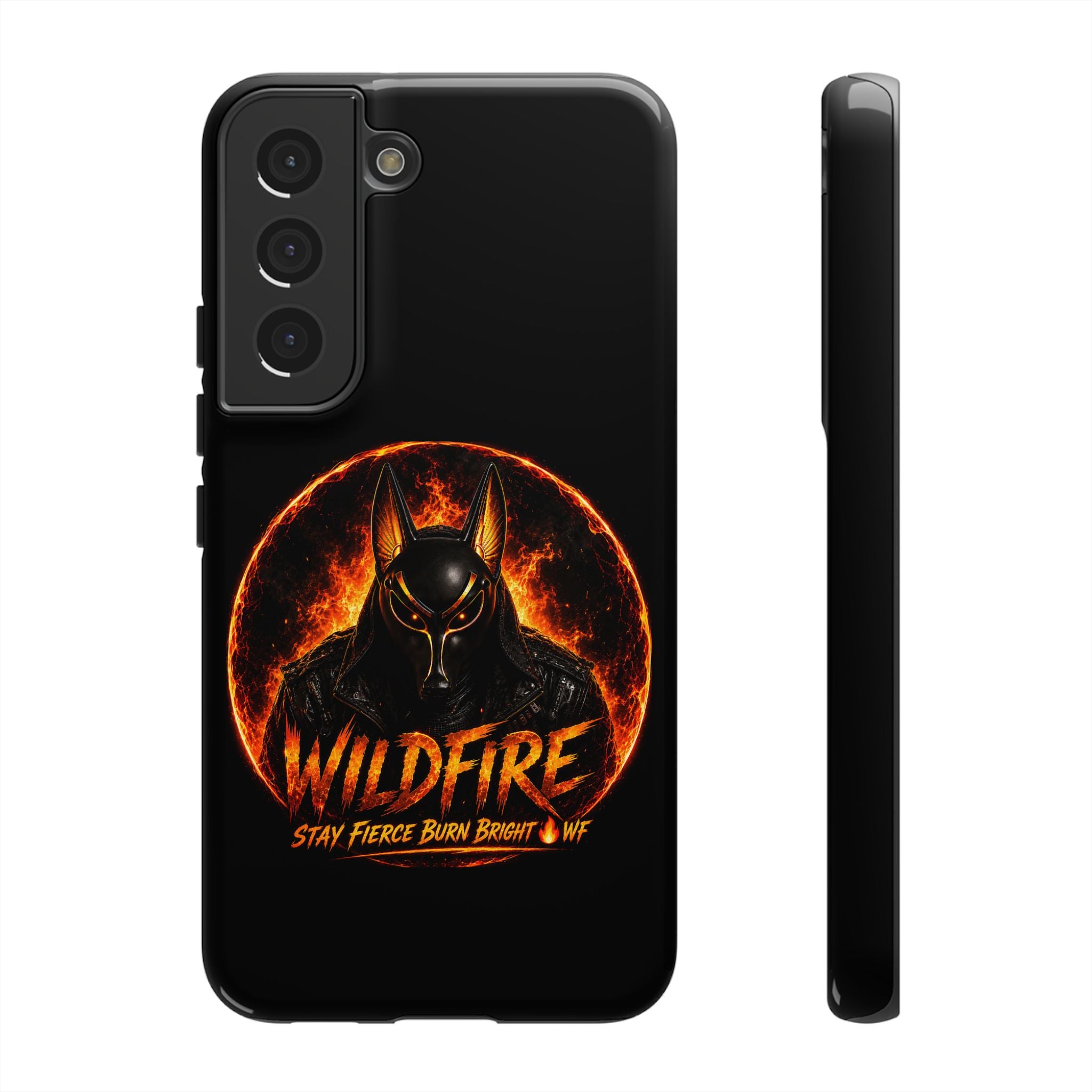 Wildfire Phone Case — Fierce Flaming Anubis Design, "Stay Fierce Burn Bright"