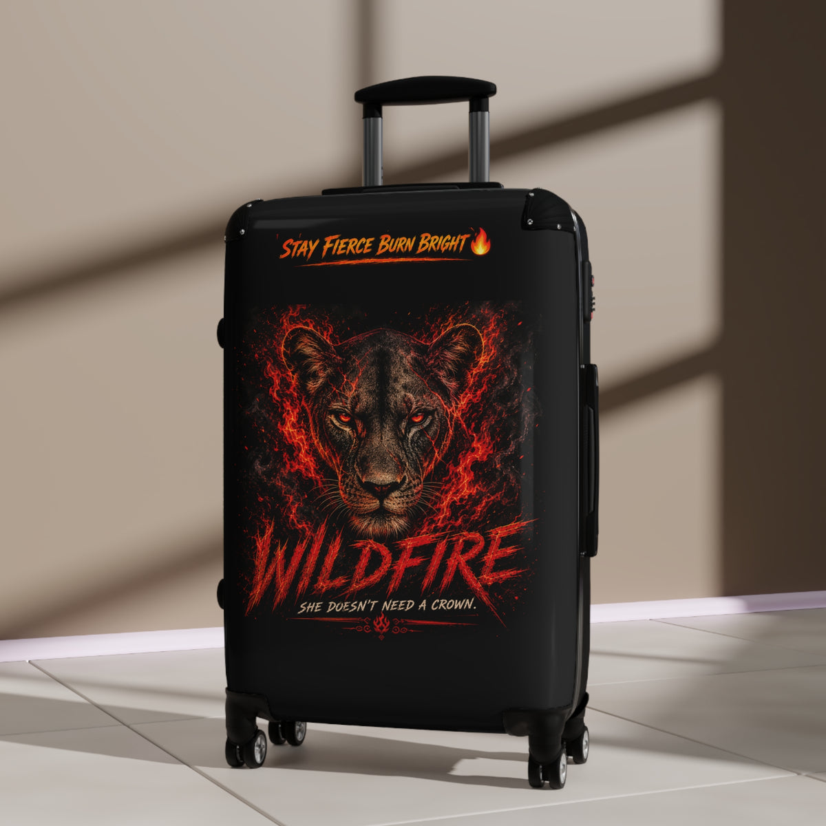 Wildfire Lioness Carry-On Suitcase – 'Stay Fierce Burn Bright' Travel Luggage