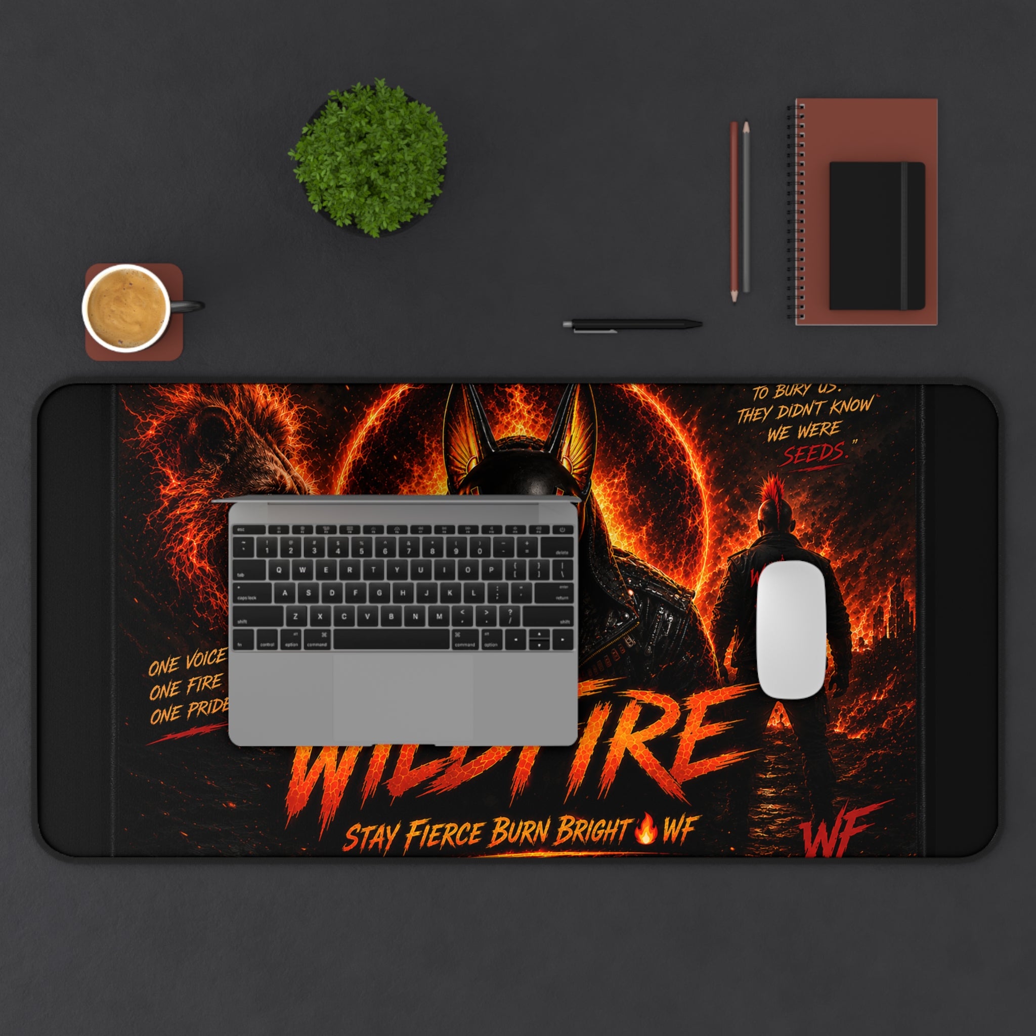 Wildfire Desk Mat — Fiery Lion & Anubis Gaming Mouse Pad ("Stay Fierce Burn Bright")