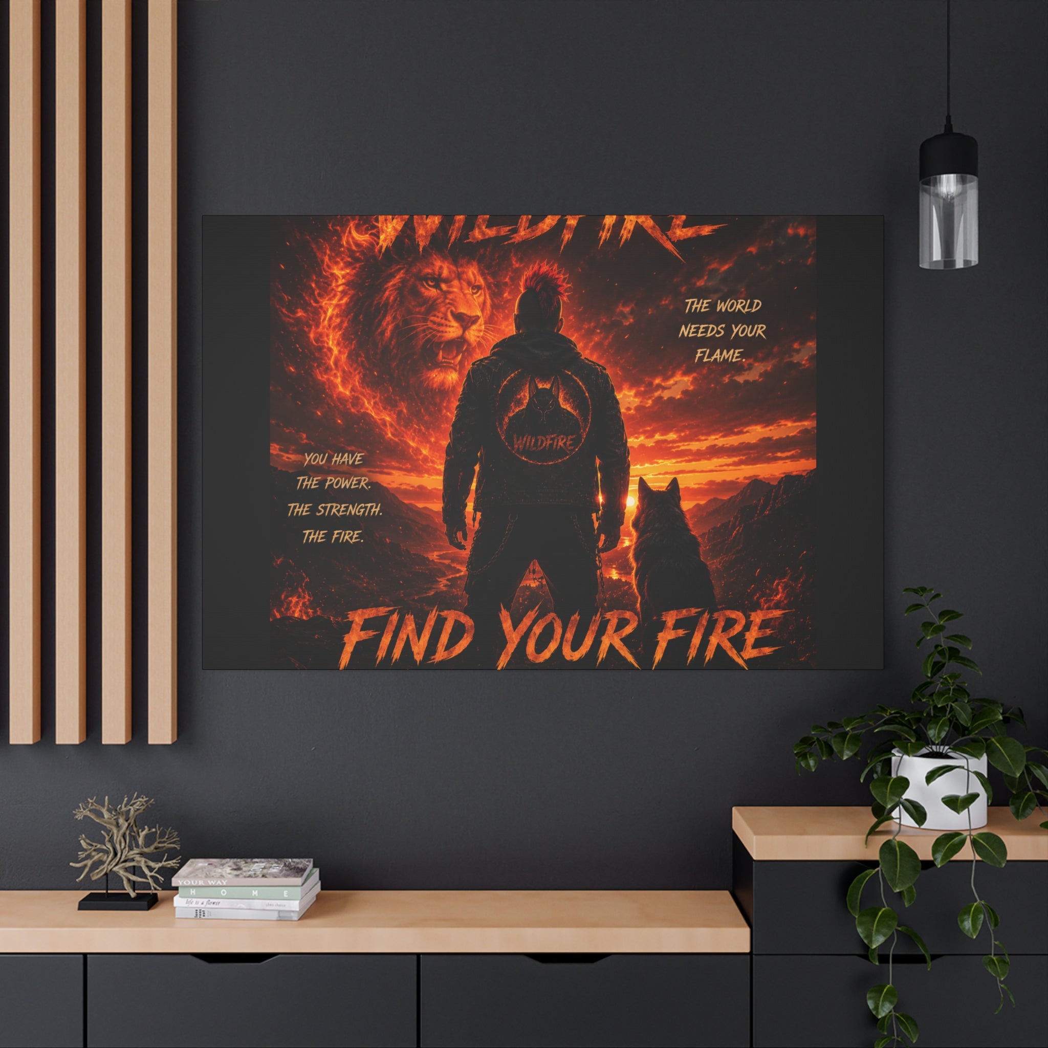 Wildfire 'Find Your Fire' Matte Canvas Wall Art — Inspirational Lion & Silhouette Scene