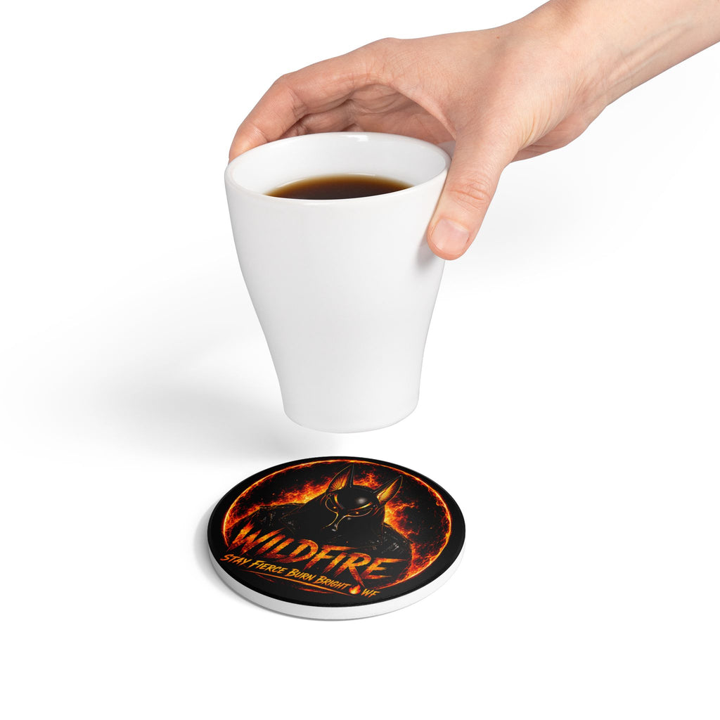 Wildfire Ceramic Coaster — Fiery Anubis Design, "Stay Fierce Burn Bright"