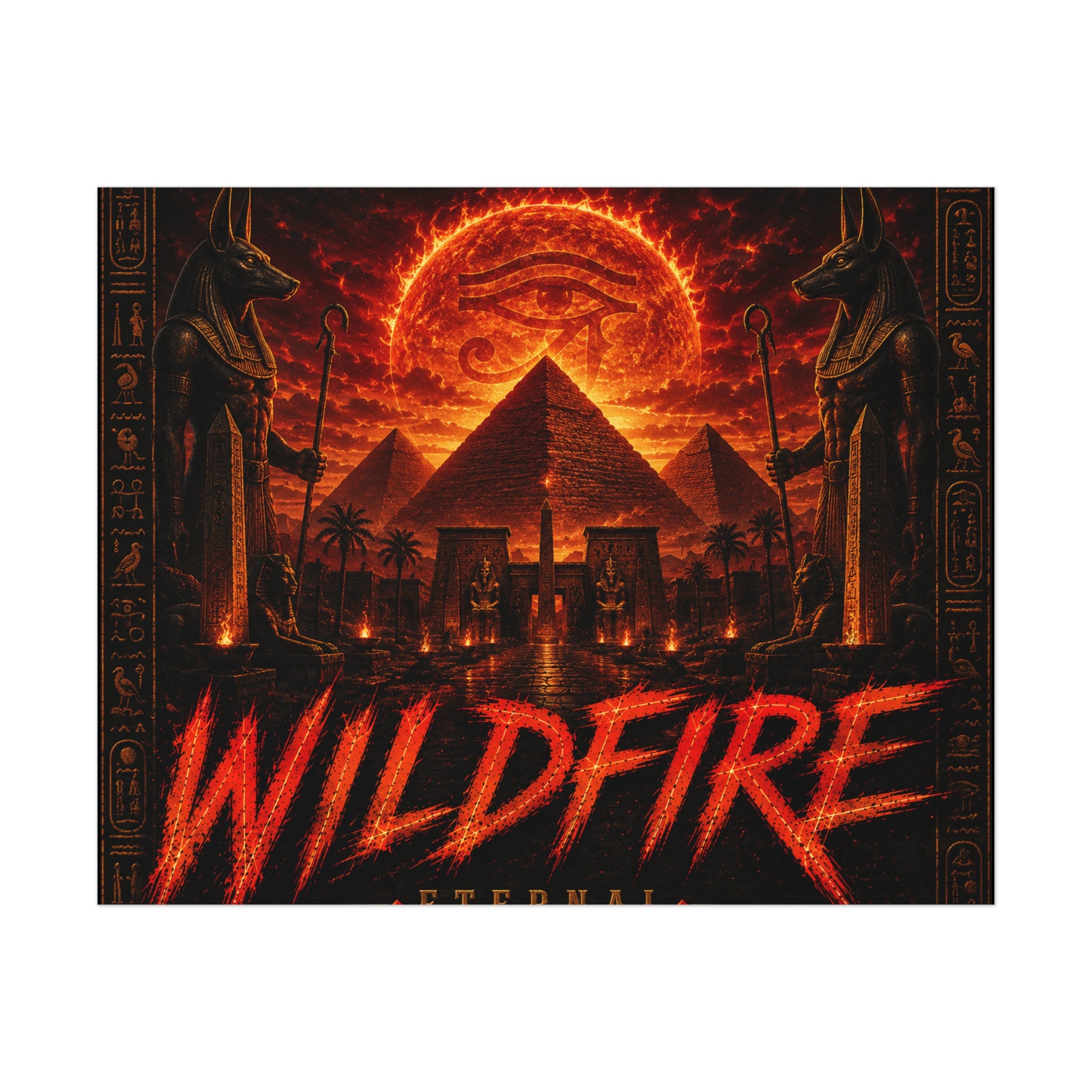 Wildfire Poster — Fiery Anubis Illustration with 'Stay Fierce Burn Bright'