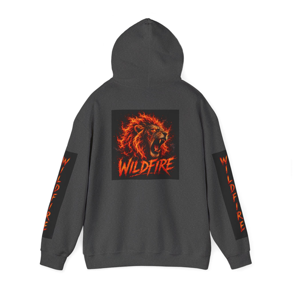 Wildfire Roaring Lion Graphic Hoodie — Fiery Elemental Back Art & Sleeve Text