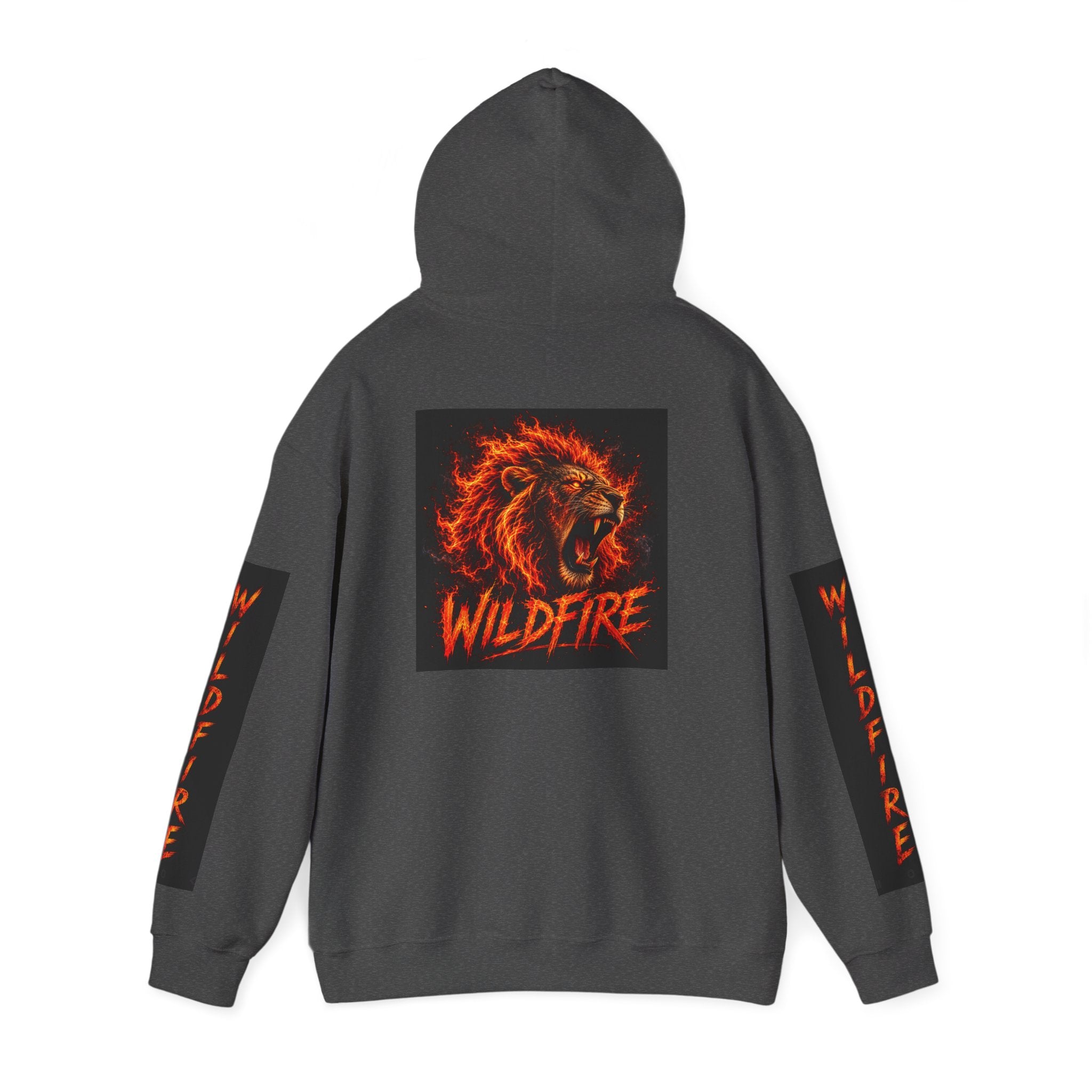 Wildfire Roaring Lion Graphic Hoodie — Fiery Elemental Back Art & Sleeve Text