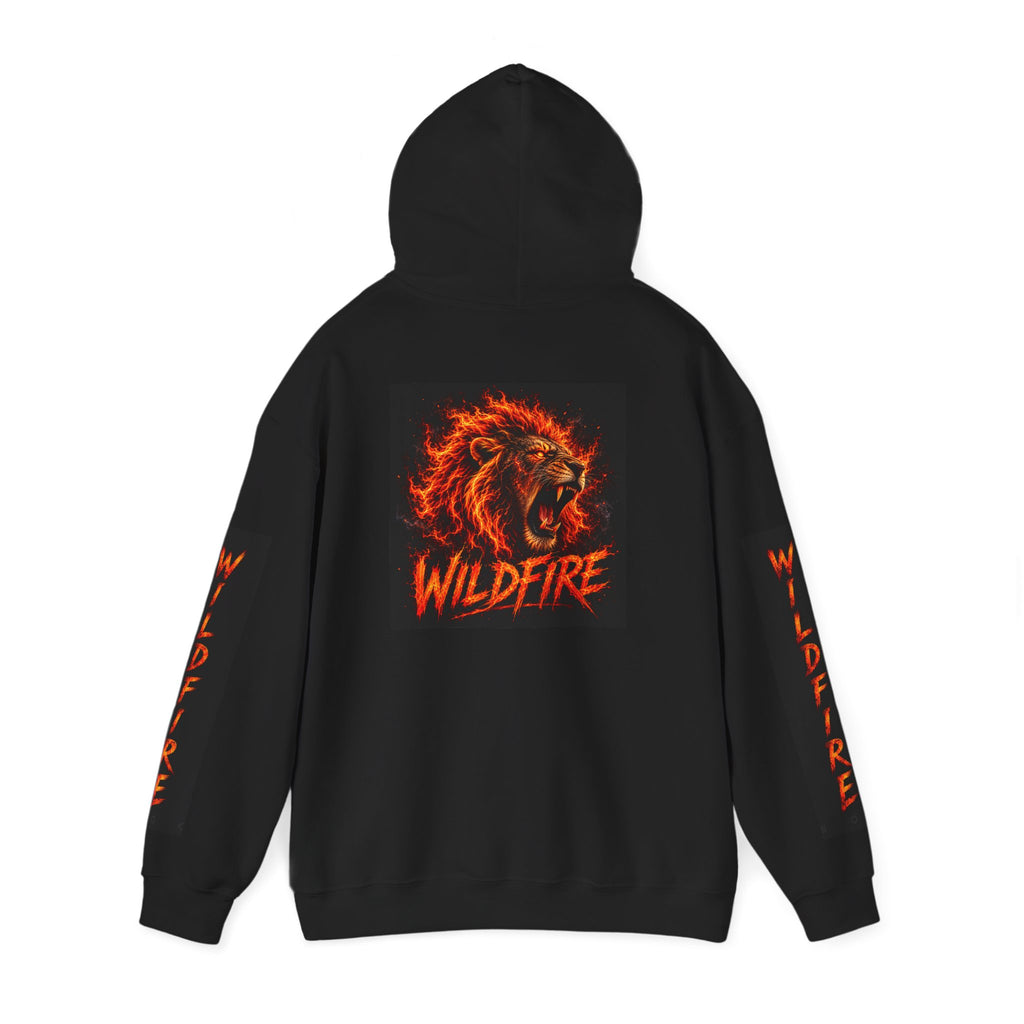 Wildfire Roaring Lion Graphic Hoodie — Fiery Elemental Back Art & Sleeve Text