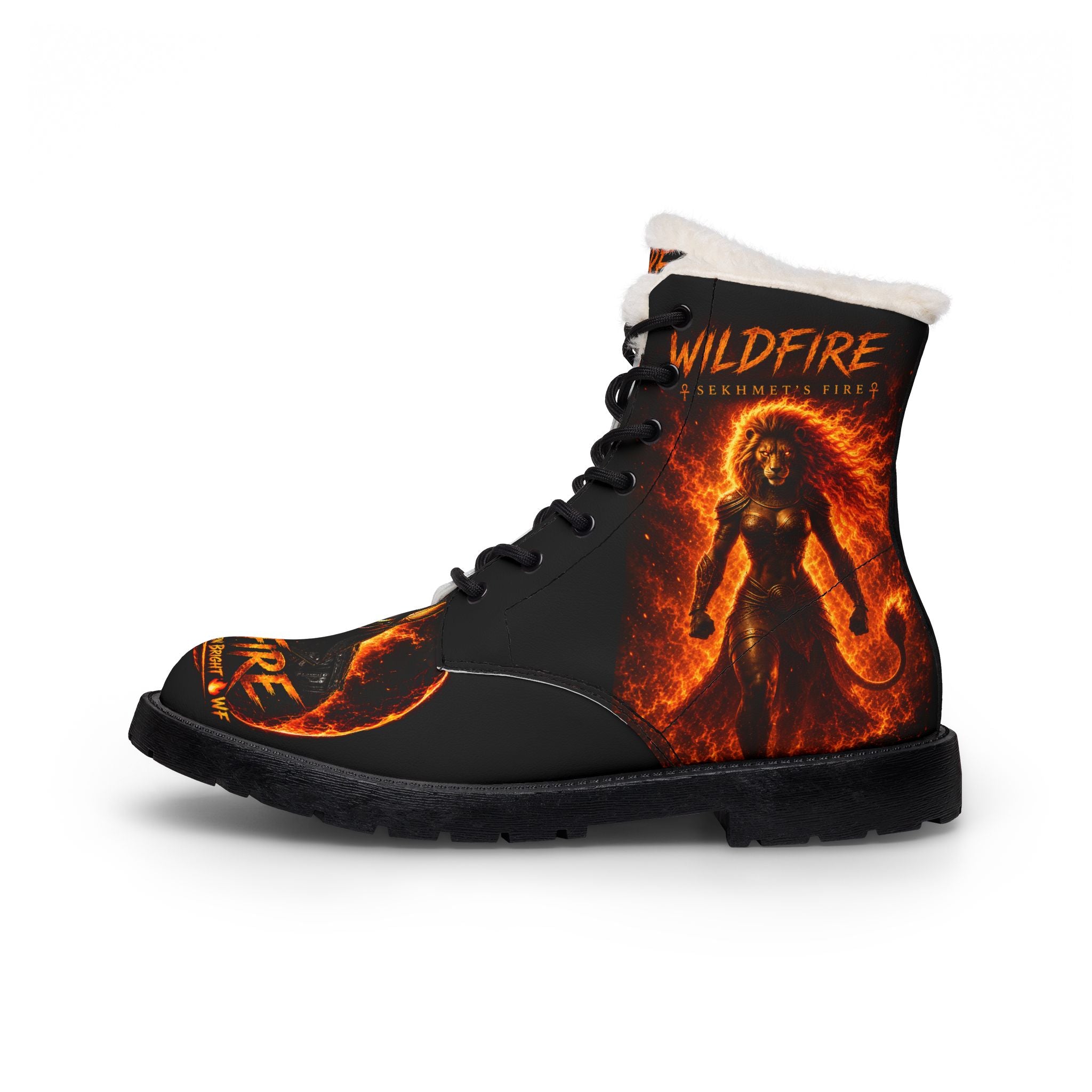 Women's Fur-Lined Leather Boots — 'Wildfire' Sekhmet Graphic