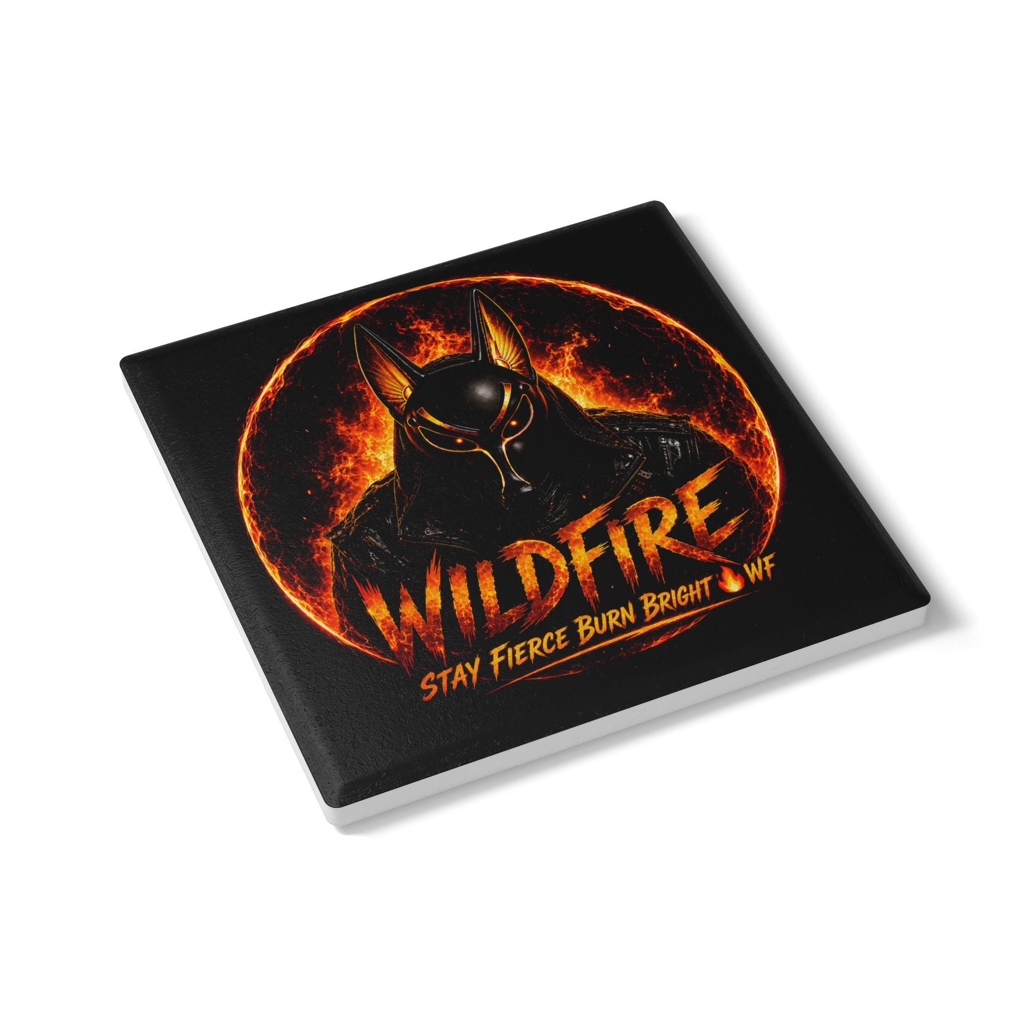 Wildfire Ceramic Coaster — Fiery Anubis Design, "Stay Fierce Burn Bright"