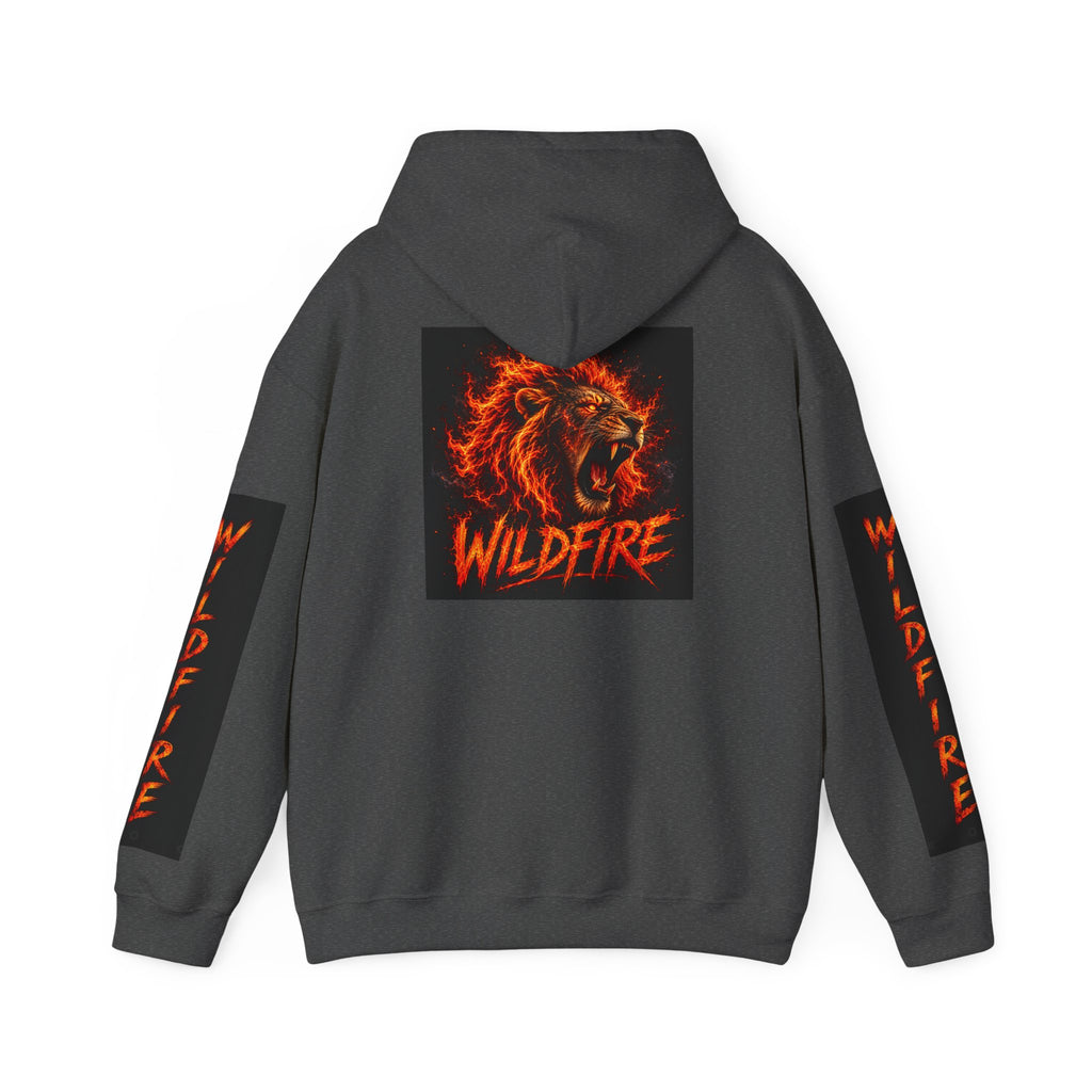 Wildfire Roaring Lion Graphic Hoodie — Fiery Elemental Back Art & Sleeve Text